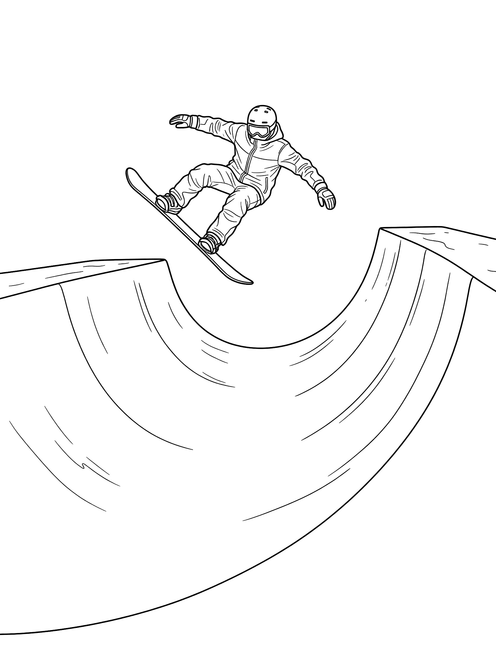 Black and white coloring page of a snowboarder twisting mid-air at the top of a curved halfpipe wall with snowy sides