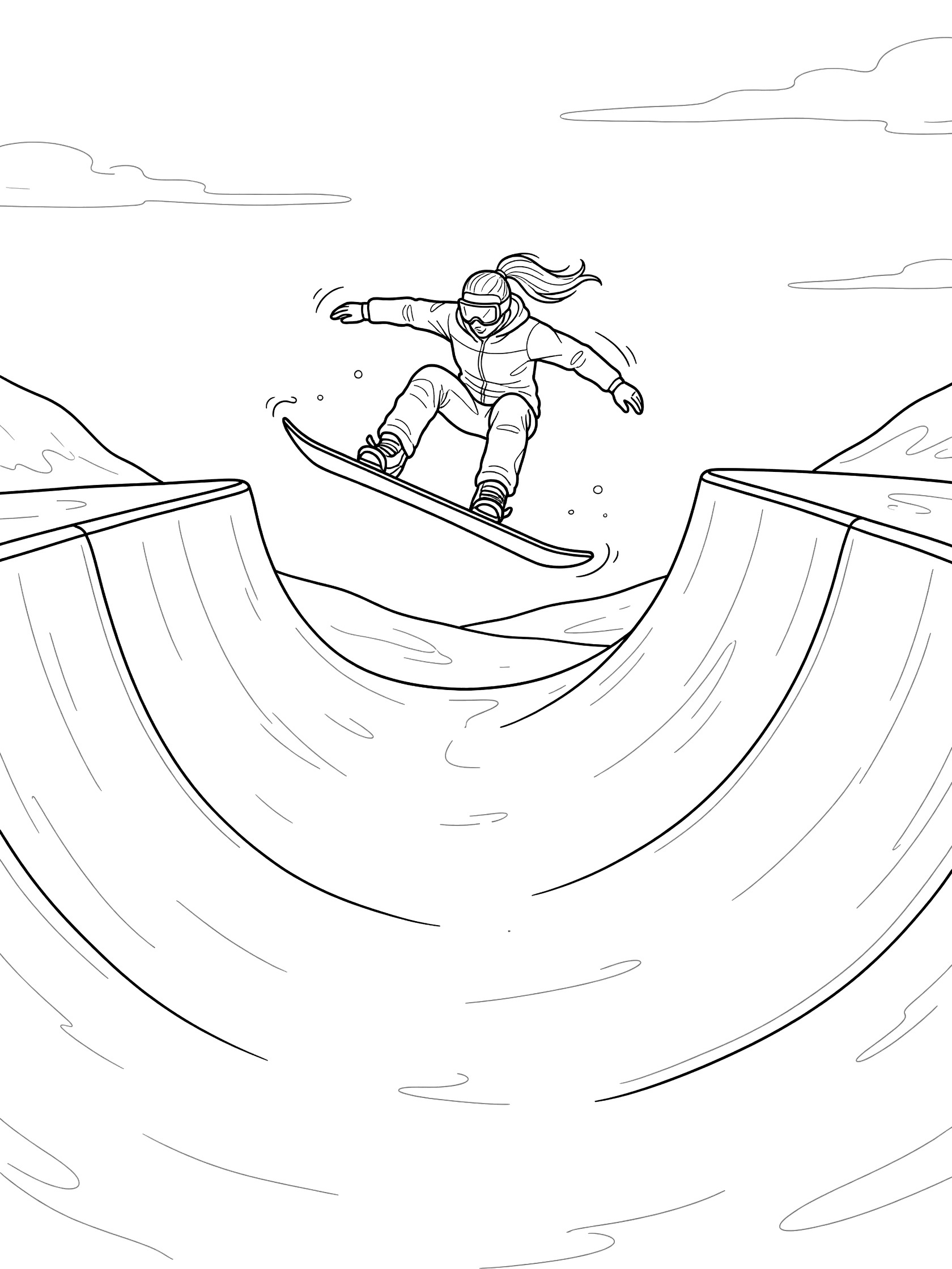 Black and white coloring page showing a female snowboarder with ponytail spinning mid-air in a halfpipe, board horizontal, deep curved ramps on both sides.