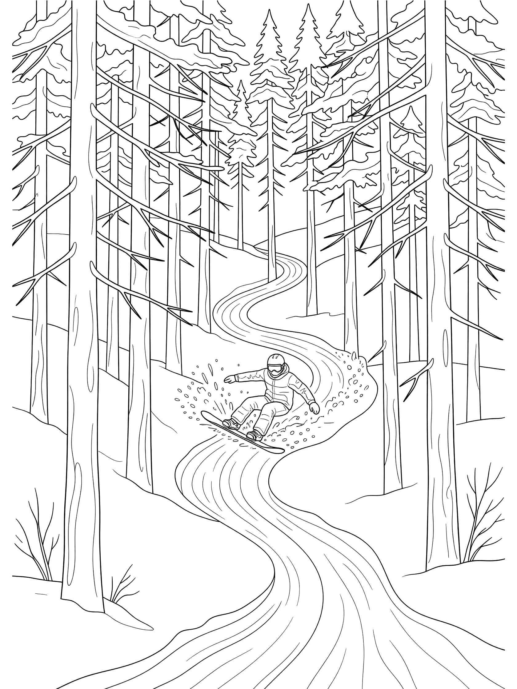 Line art coloring page showing a snowboarder in helmet and gear weaving a snowboard path through dense pine trees with snow spray on a powder slope.
