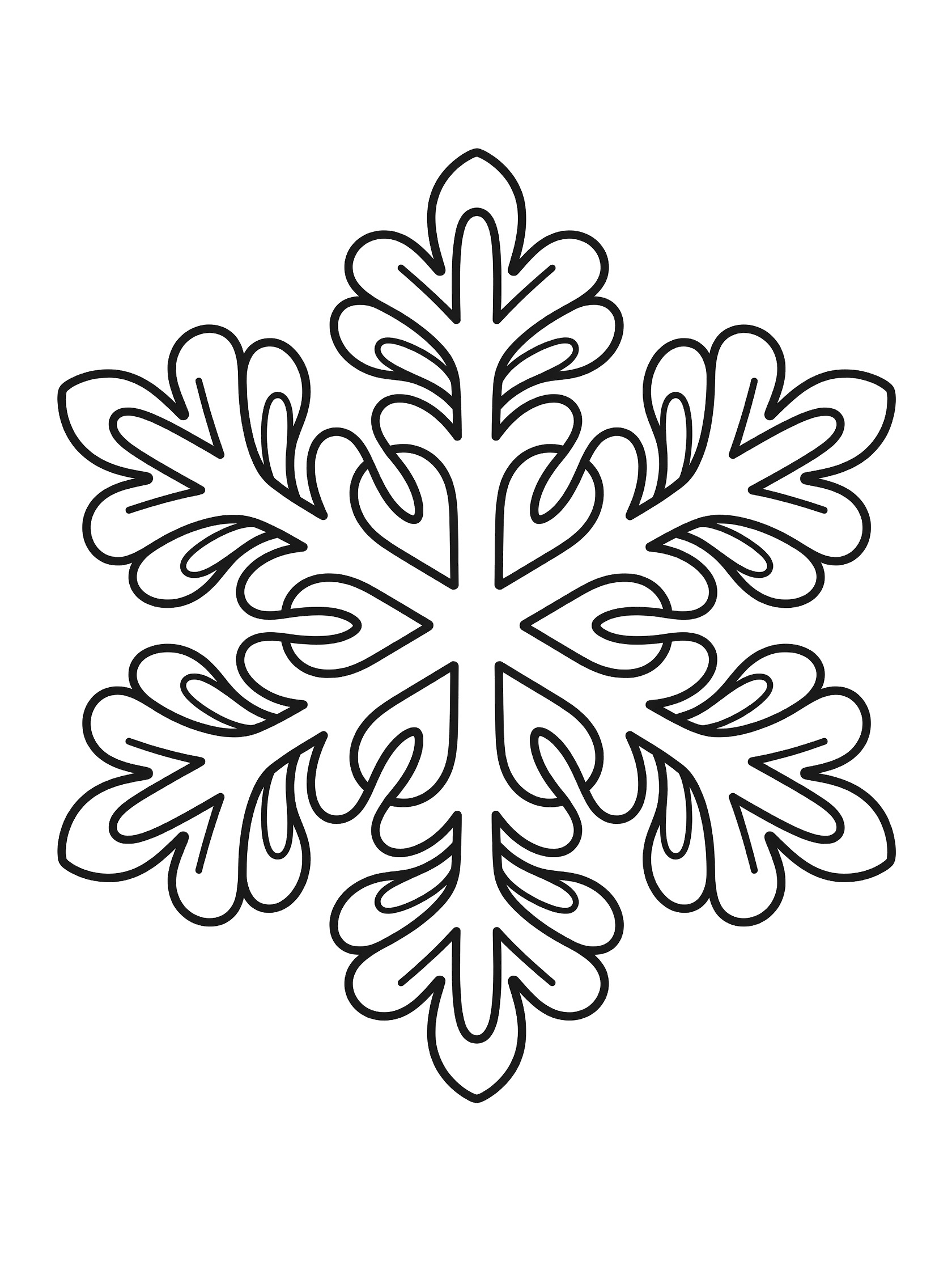 Black and white line art of a symmetrical snowflake mandala with curved petal-like shapes along six arms, fully enclosed for coloring.