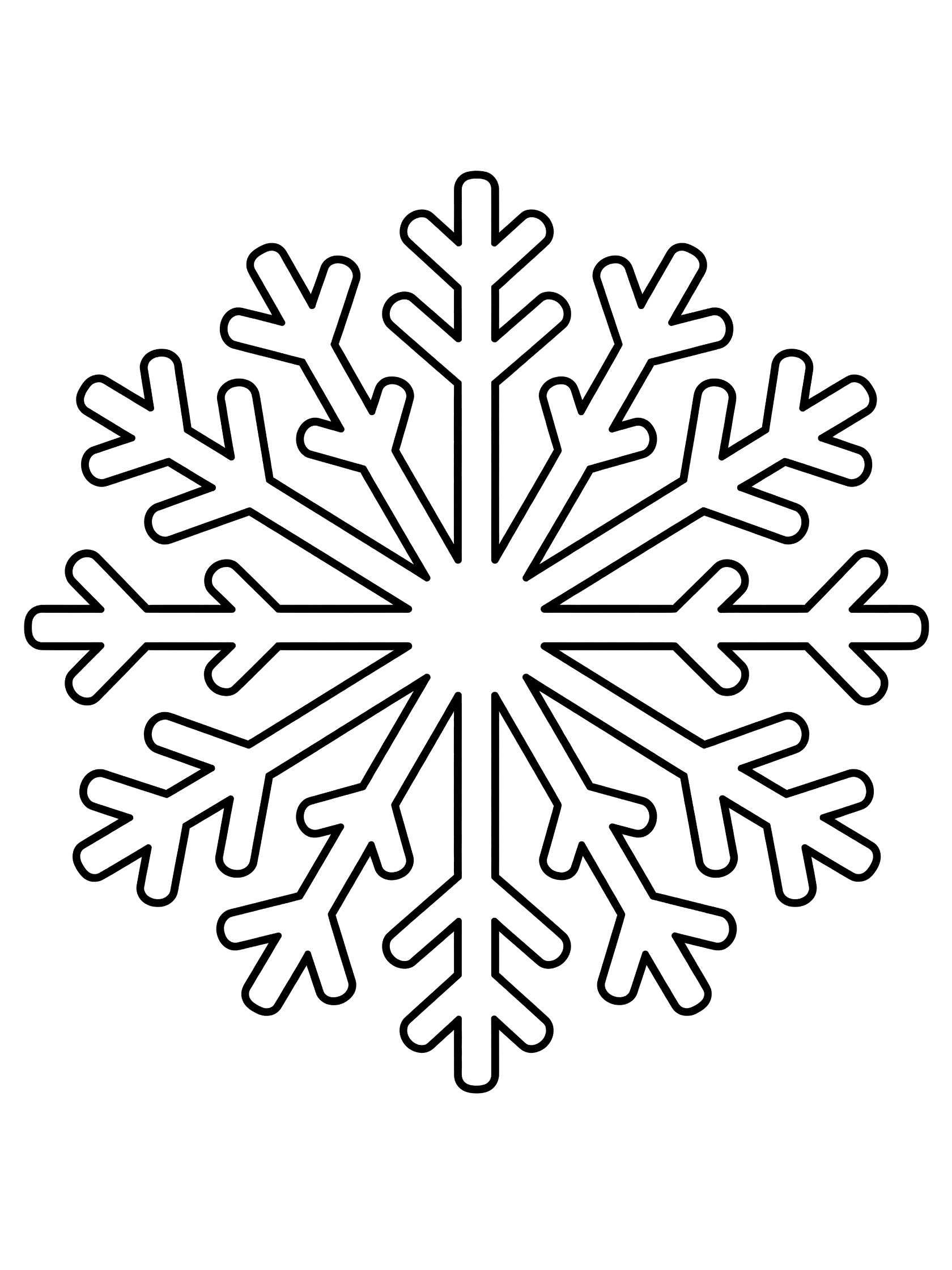 Black and white line art of a symmetric snowflake mandala with central starburst, radiating thick arms, branches, and spikes for easy coloring.