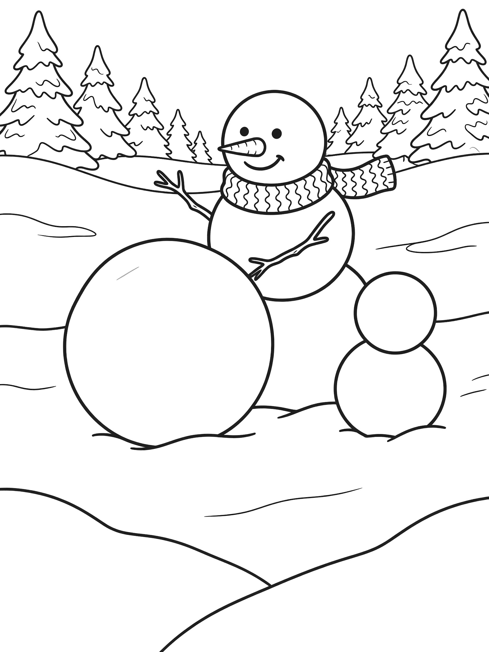 Line art coloring page showing a happy snowman with carrot nose and scarf pushing a large snowball, with two smaller snowballs and snowy hills and pine trees in the background.