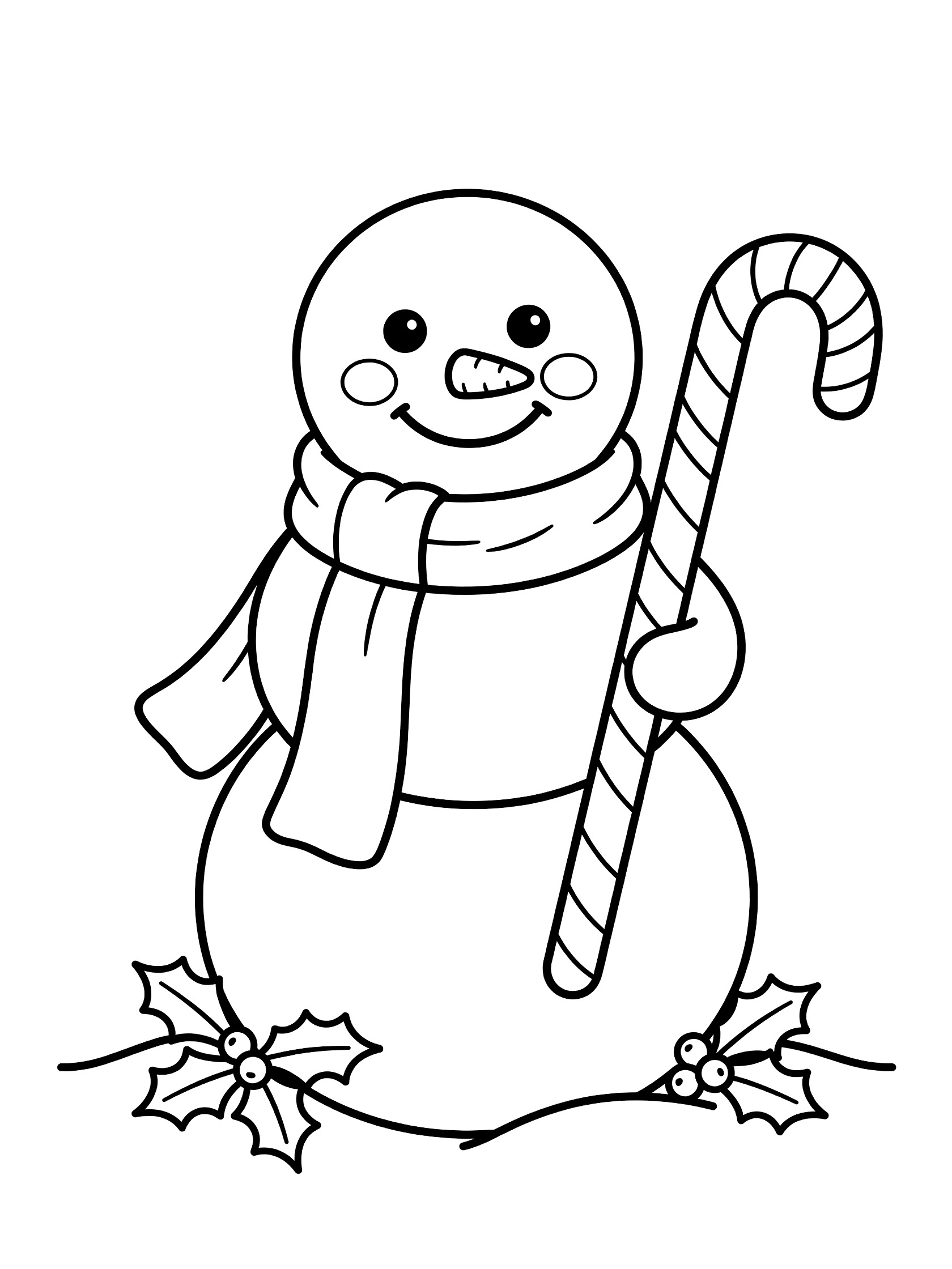 Printable coloring page showing a cute snowman with button eyes, rosy cheeks, smile, scarf, holding a big striped candy cane, with holly leaves at base, black line art on white background