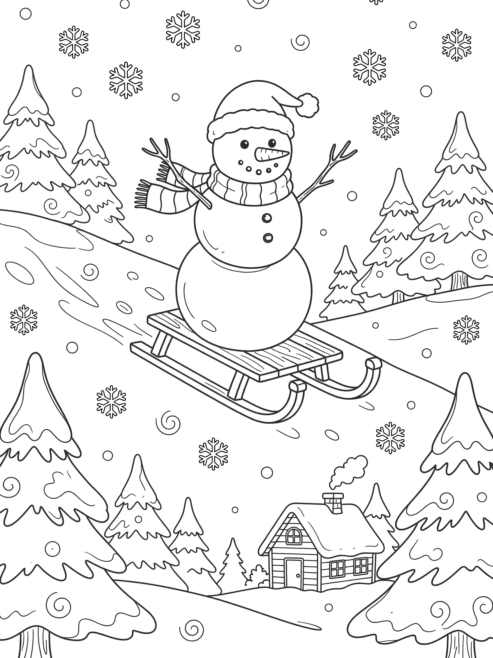 Line art coloring page showing a happy snowman with carrot nose, coal eyes, and buttons sledding on a wooden sled down a hill, wearing a Santa hat and striped scarf, with swirling snowflakes, snow trees, and a cabin.