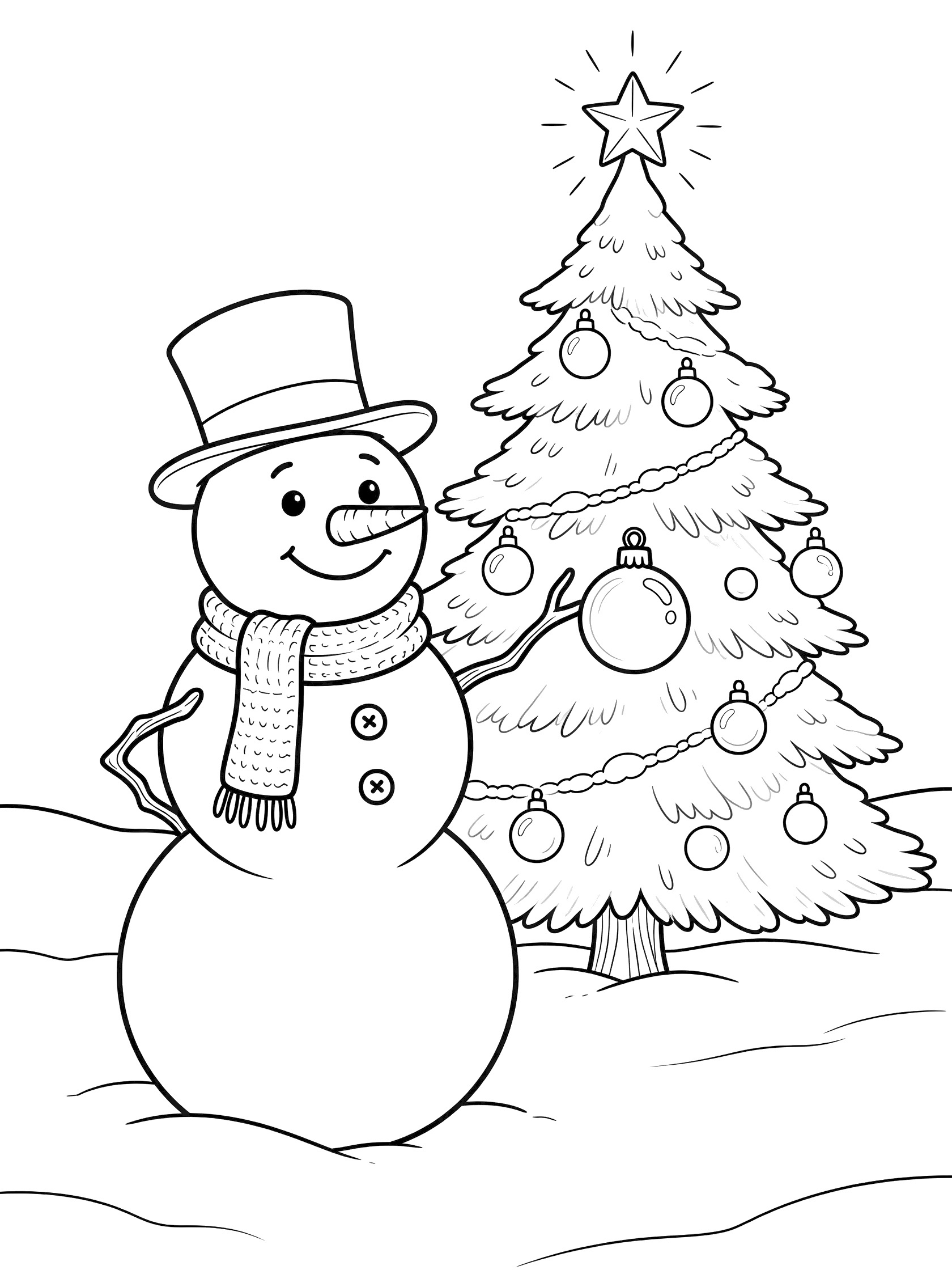 Black and white coloring page of a smiling snowman holding an ornament beside a decorated Christmas tree in the snow