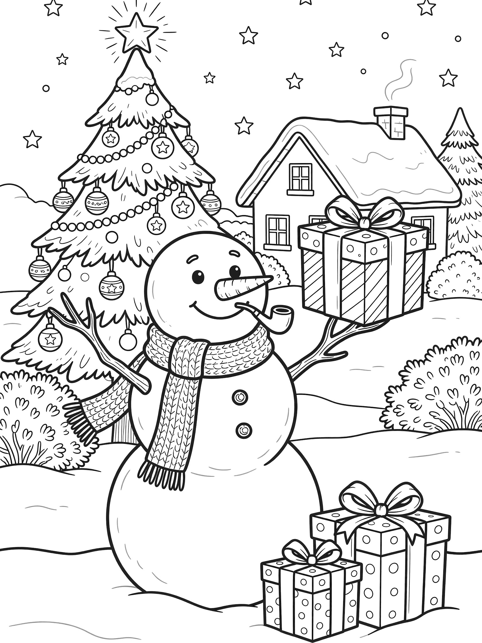 Black and white line art coloring page showing a happy snowman with carrot nose, scarf, and pipe holding a wrapped gift, with stacked presents, Christmas tree, house, and stars.