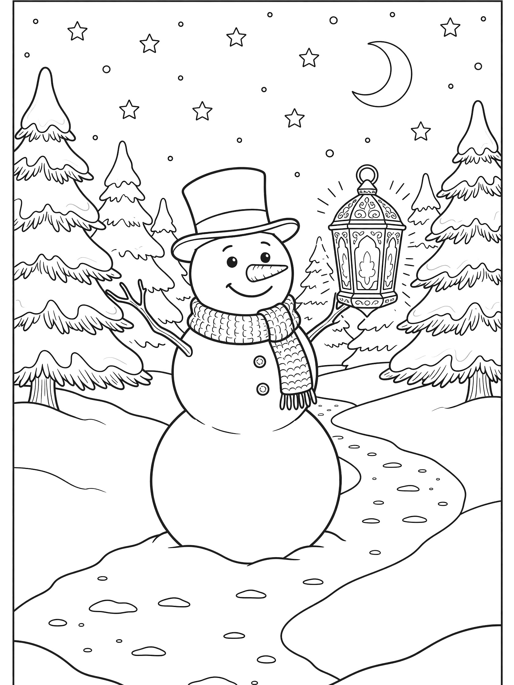 Black and white line art of a snowman with top hat, scarf, and lantern standing on a snowy path surrounded by pine trees under a starry sky with crescent moon.