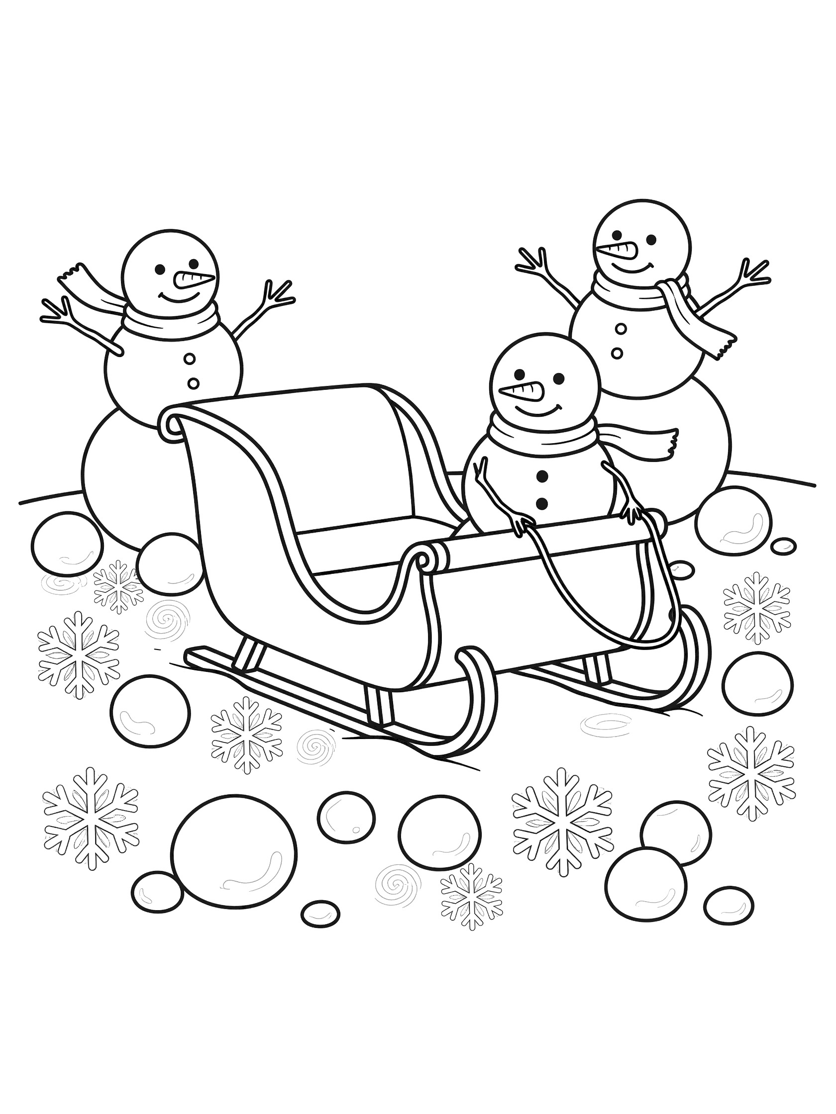 Black and white line art coloring page showing three snowmen around a sleigh, one holding reins, with snowballs and snowflakes on the ground.