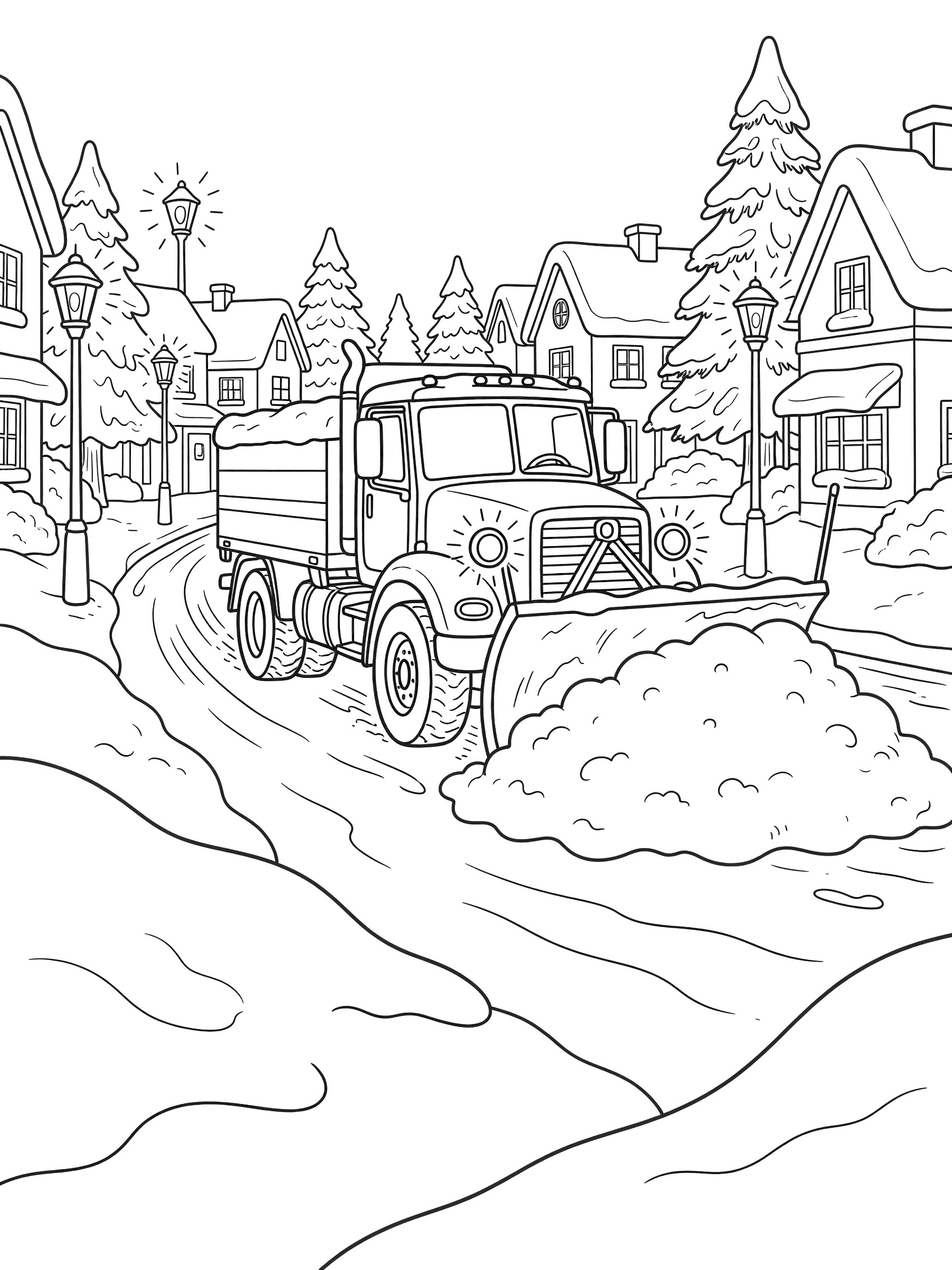 Line art coloring page showing a snowplow truck pushing snow on a town street with houses, trees, street lamps and snow drifts