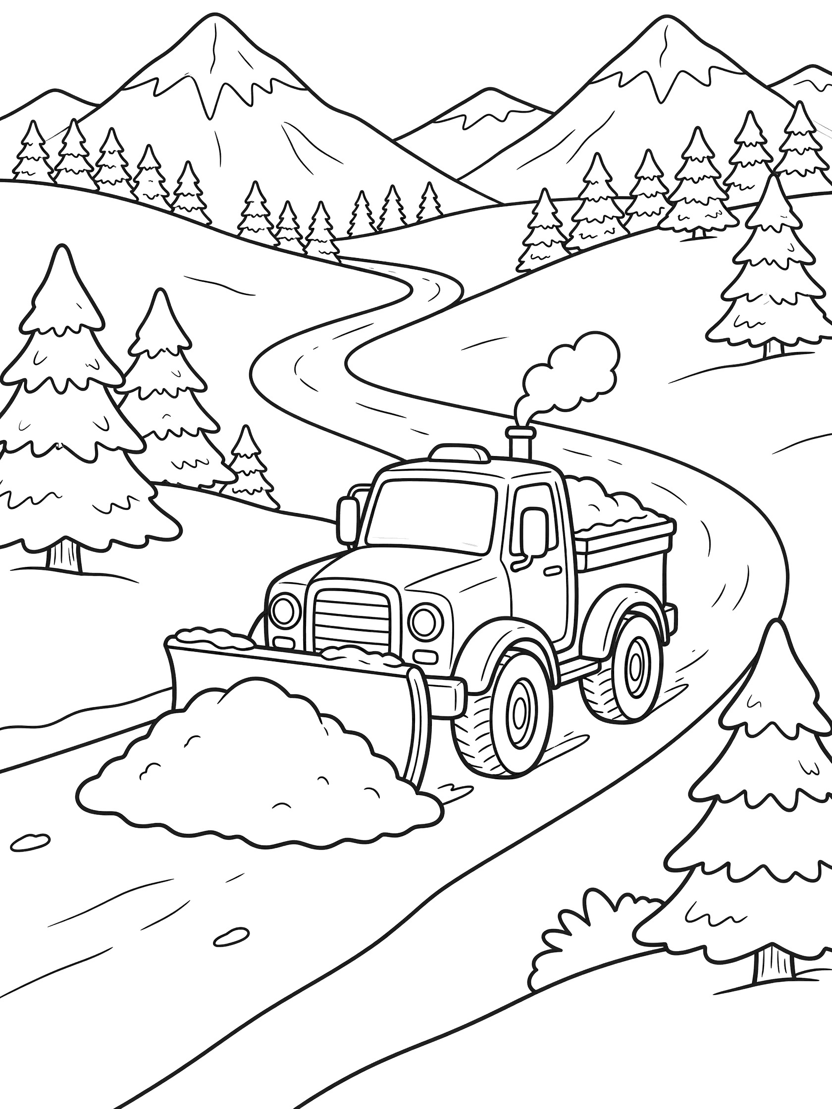 Cute cartoon snowplow truck driving on a snowy winding mountain path, plowing a big pile of snow, with fluffy pine trees and jagged peaks in the background