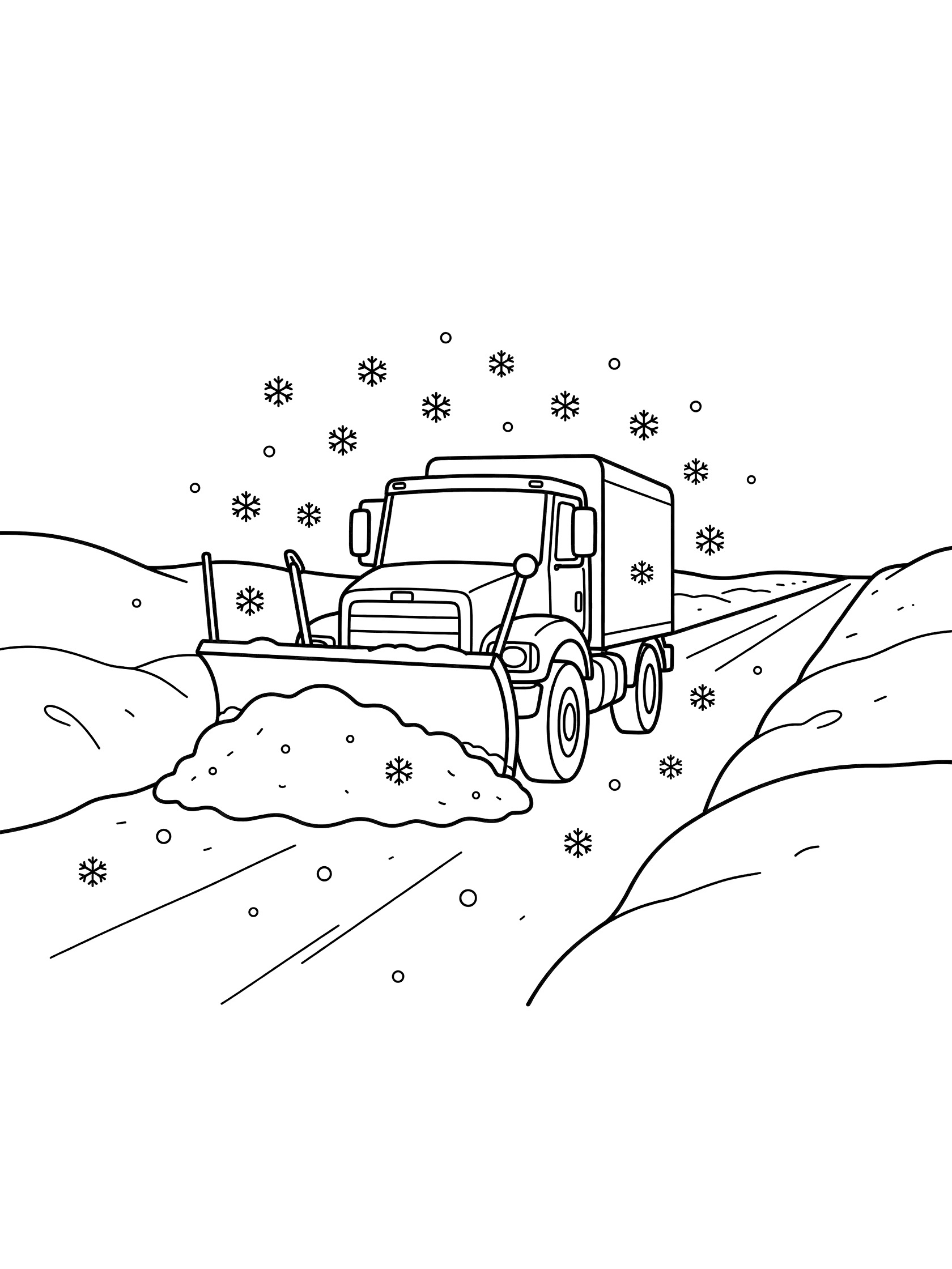 Black and white line art coloring page showing a large snowplow truck with wide plow blade pushing snow off a straight road, tall snowbanks on both sides, falling snowflakes, clean outlines on white background.