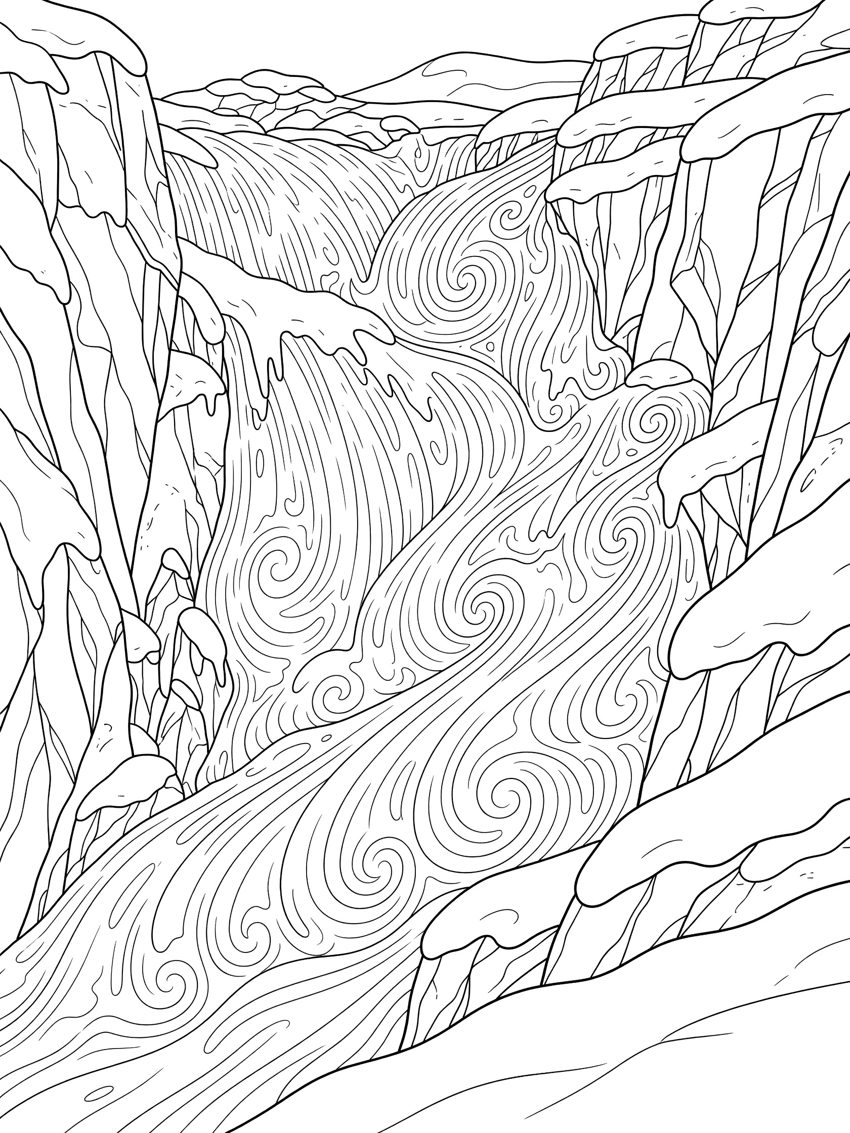 Black and white line art coloring page showing a canyon with snowy cliffs, jagged rocks, and a cascading waterfall with swirling water patterns. Avalanche themed black and white printable line art