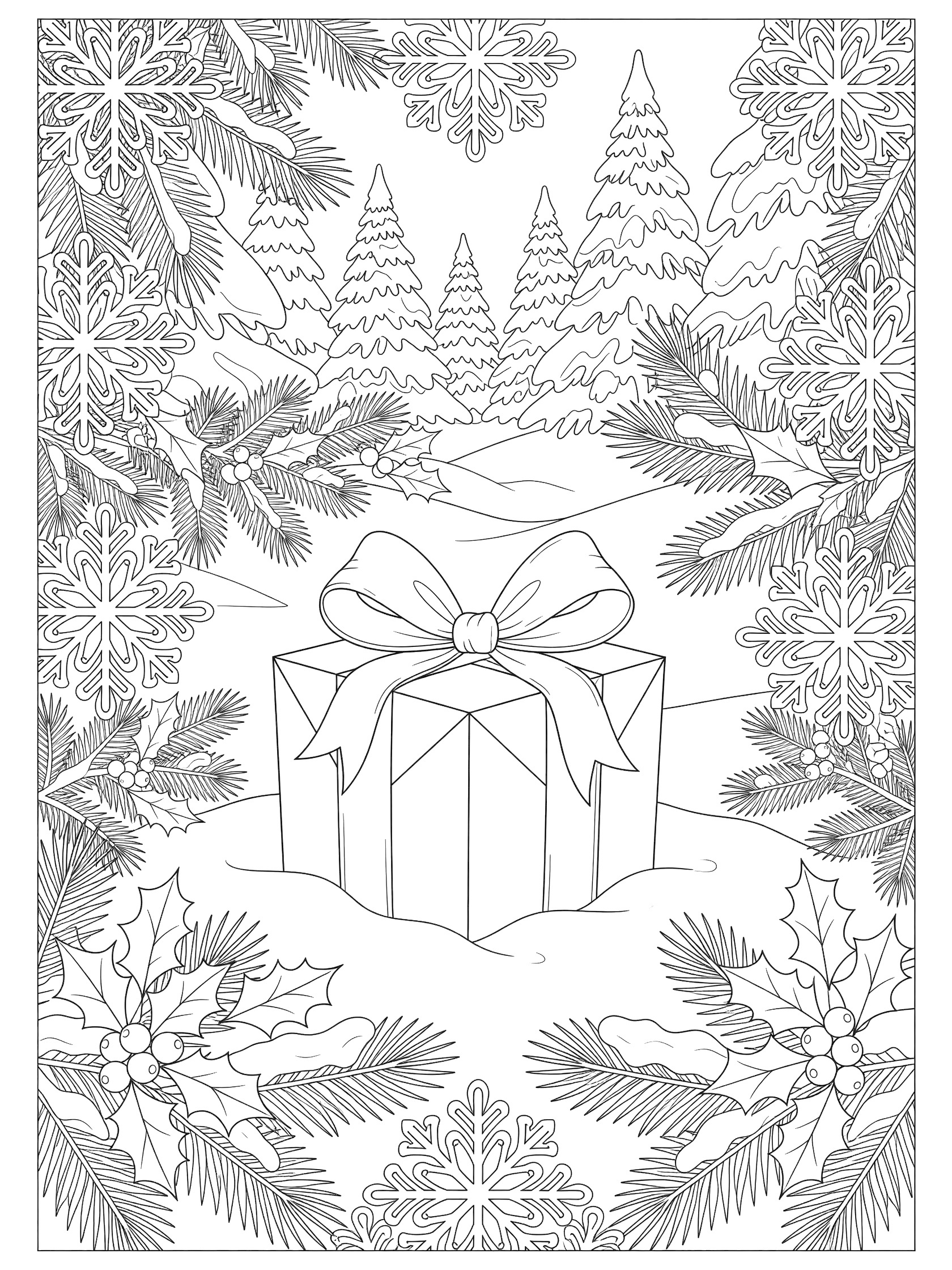 Black and white line art of a large Christmas present with bow in snowy forest clearing, framed by snowflakes, pine needles, branches, holly, and trees.