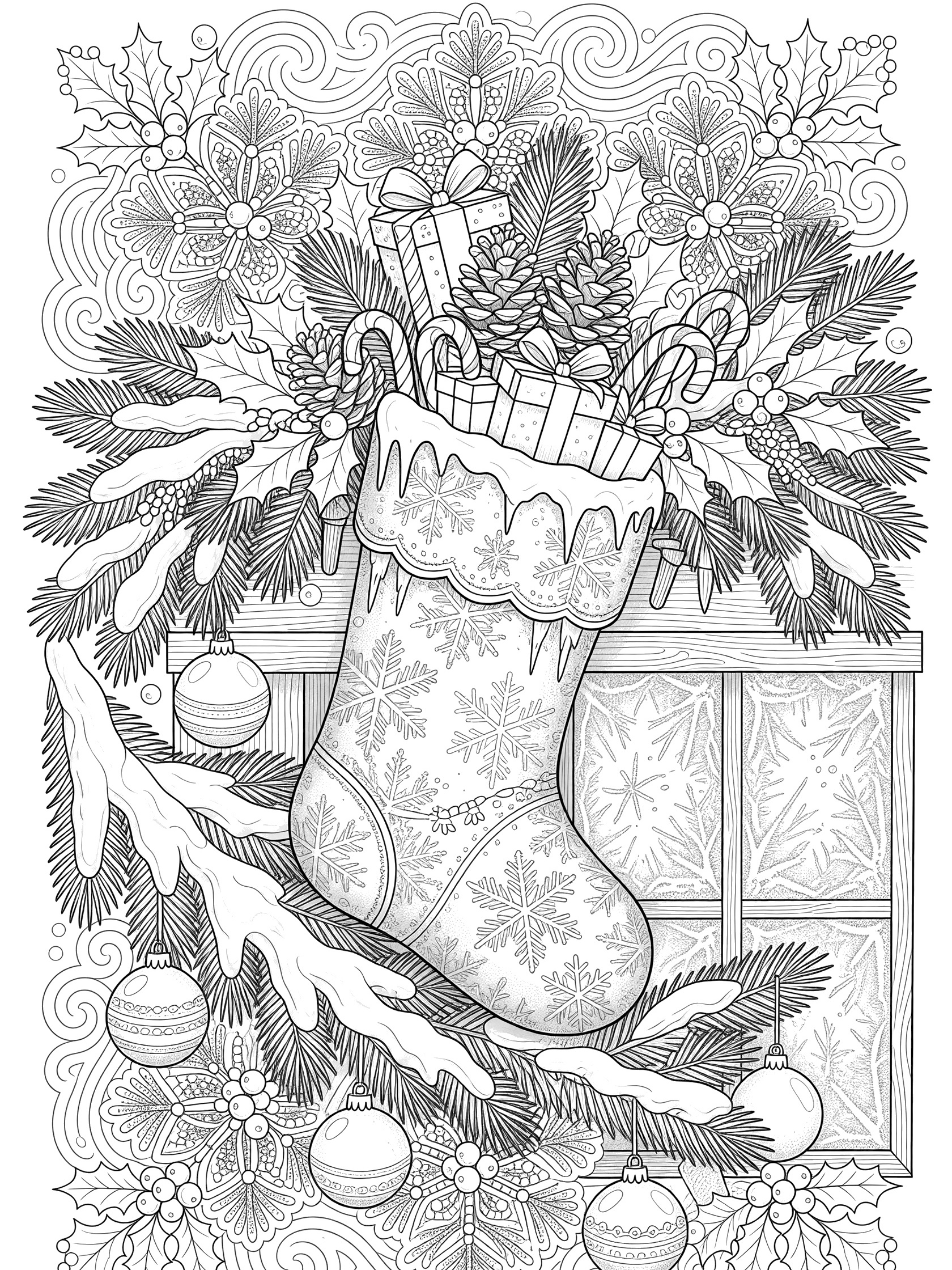 Black and white line art of a large snowy Christmas stocking overflowing with wrapped gifts, candy canes, and pine cones, hanging from a nail on a wooden mantel with snowflakes, holly, and ornaments.