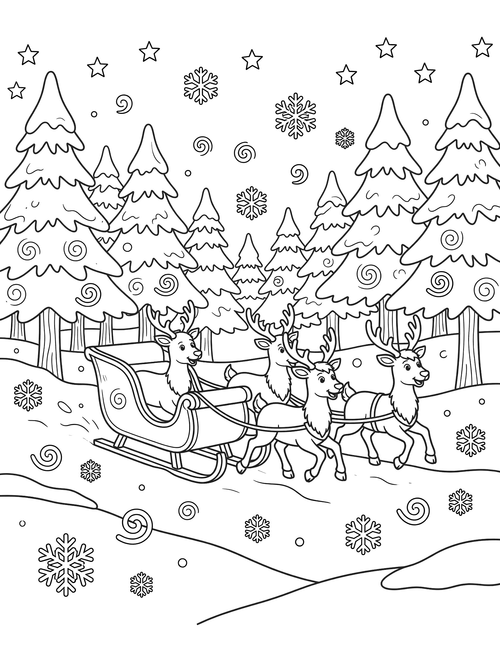 Whimsical line art coloring page showing a wooden sleigh with big runners pulled by happy reindeer through tall snow-covered pine trees in a winter forest