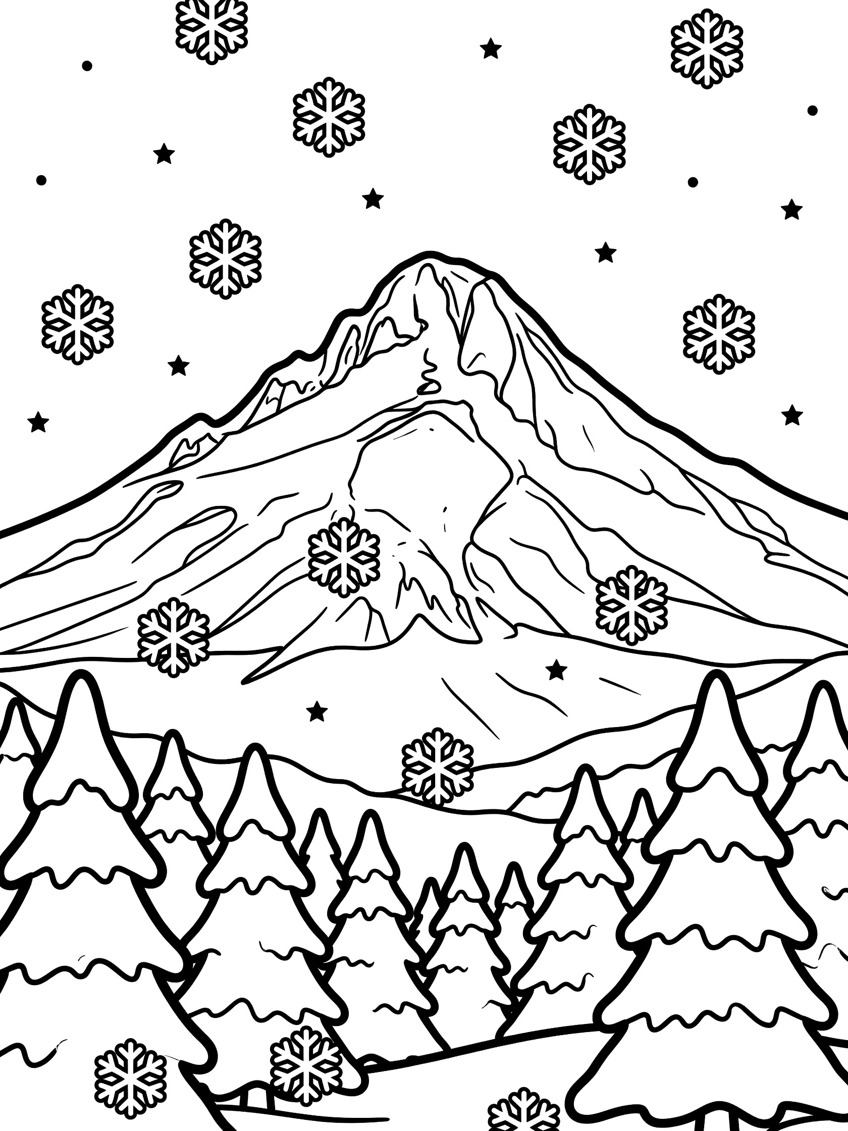 Black and white line art coloring page showing a large snow-covered mountain with pine trees at the base, snowflakes falling, and stars above on a white background. Mount Hood themed black and white printable line art