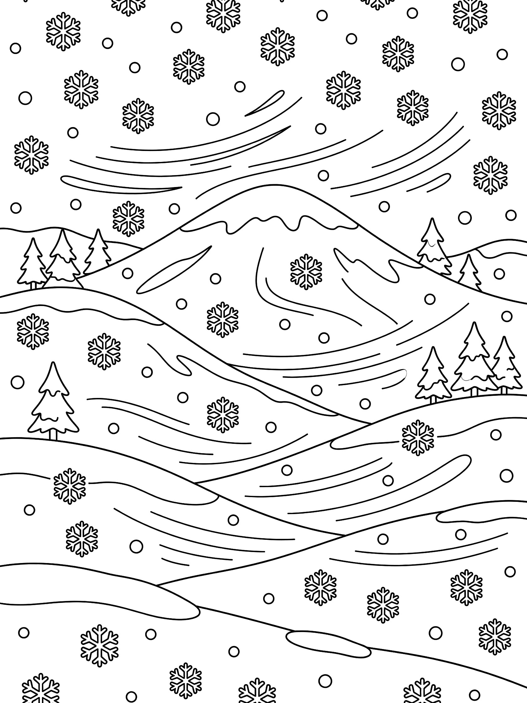 Black and white line art coloring page of a tall mountain with snowy hills, pine trees, falling snowflakes, and swirling wind lines. Blizzard themed black and white printable line art