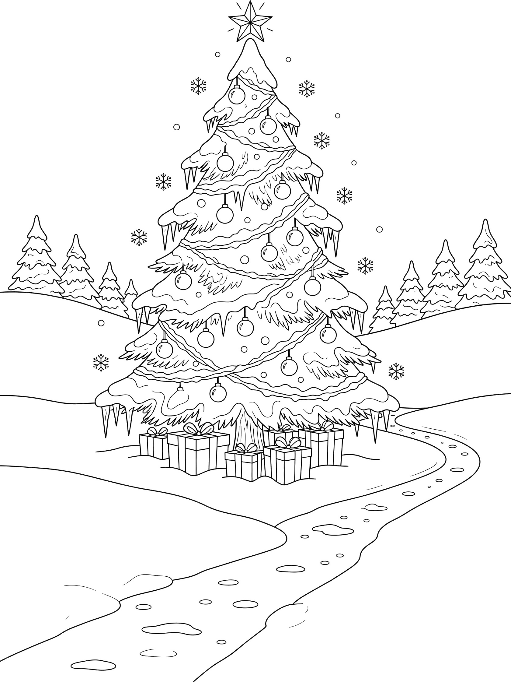 Black and white line art of a snowy outdoor Christmas tree decorated with ornaments, garlands, and star, surrounded by snowflakes, hills, pines, and presents at the base.