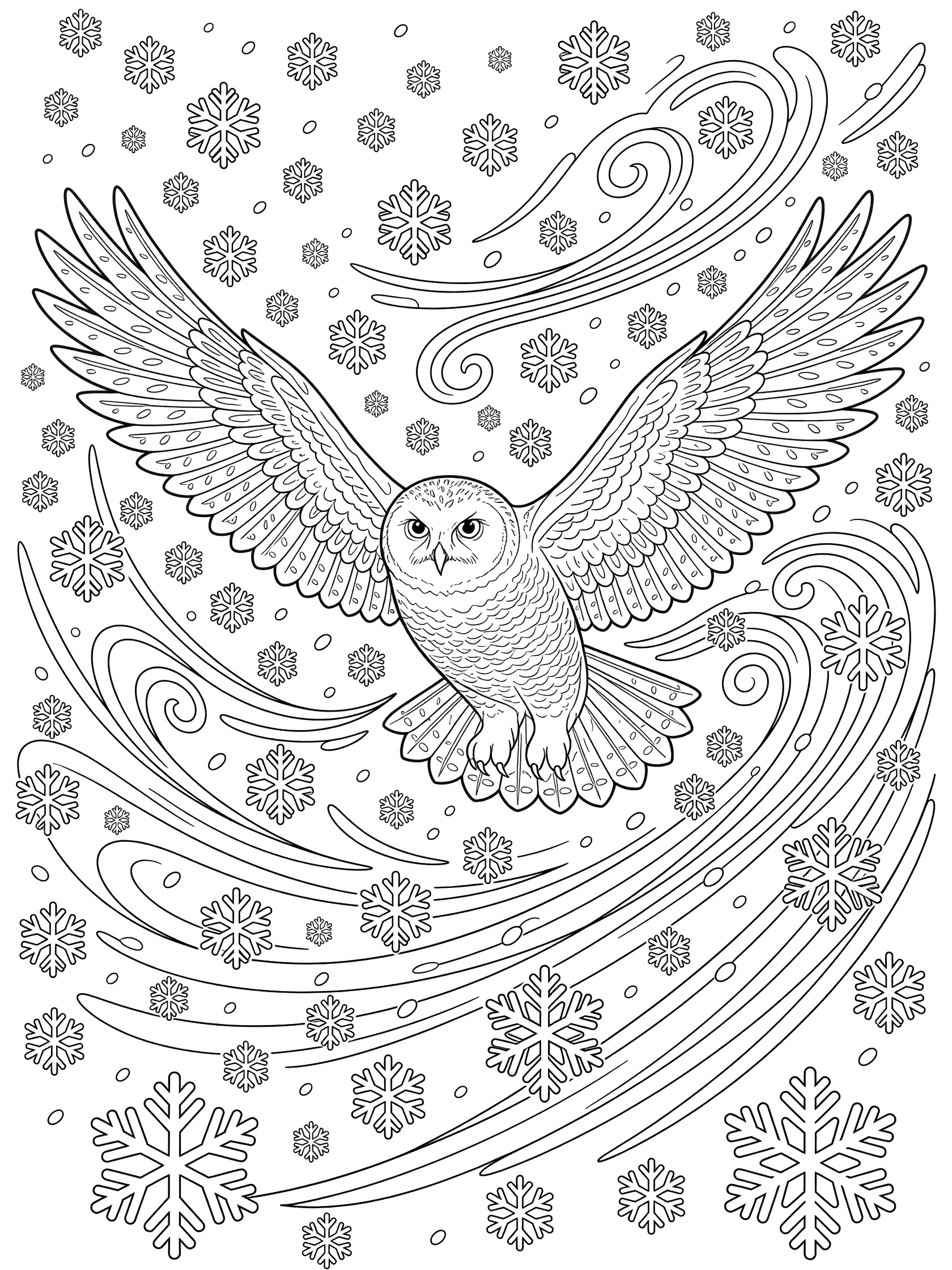 Black and white line art of a snowy owl flying with spread wings amid swirling snowflakes and wind lines in a blizzard, coloring page style