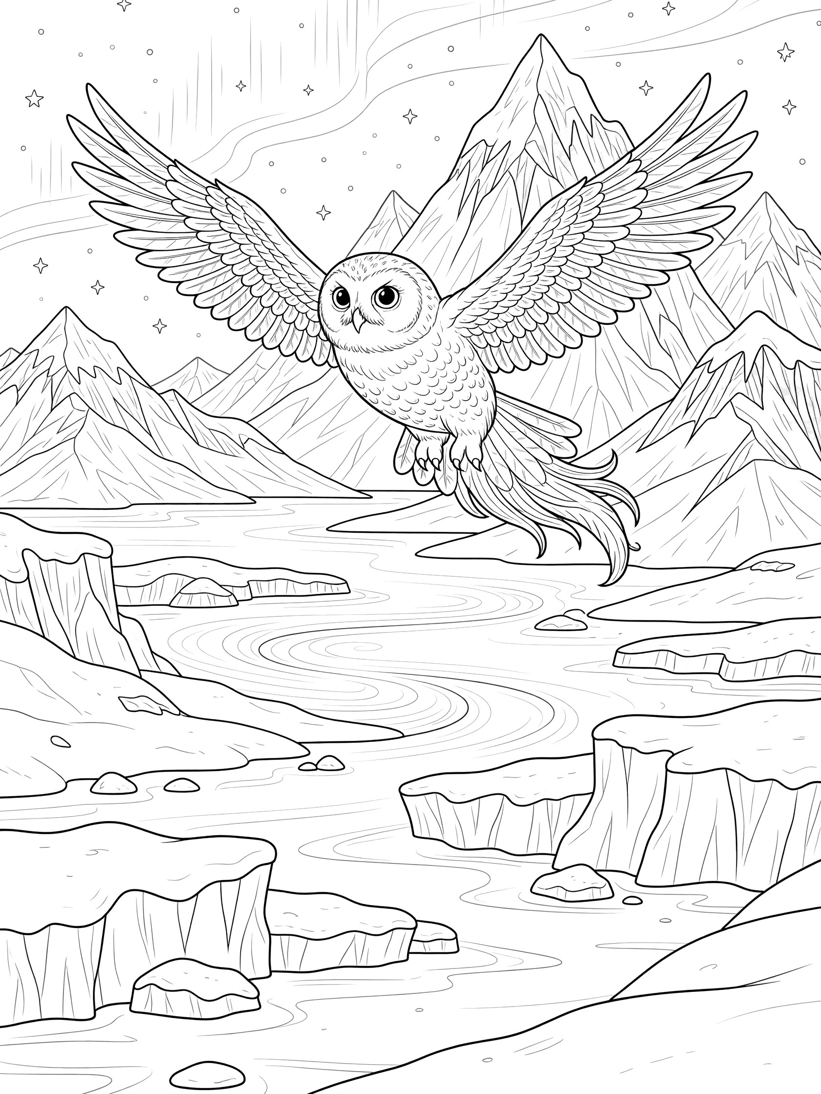 Cartoon snowy owl flying with wide wings over snowy North Pole landscape featuring icebergs, frozen mountains, and starry sky with northern lights