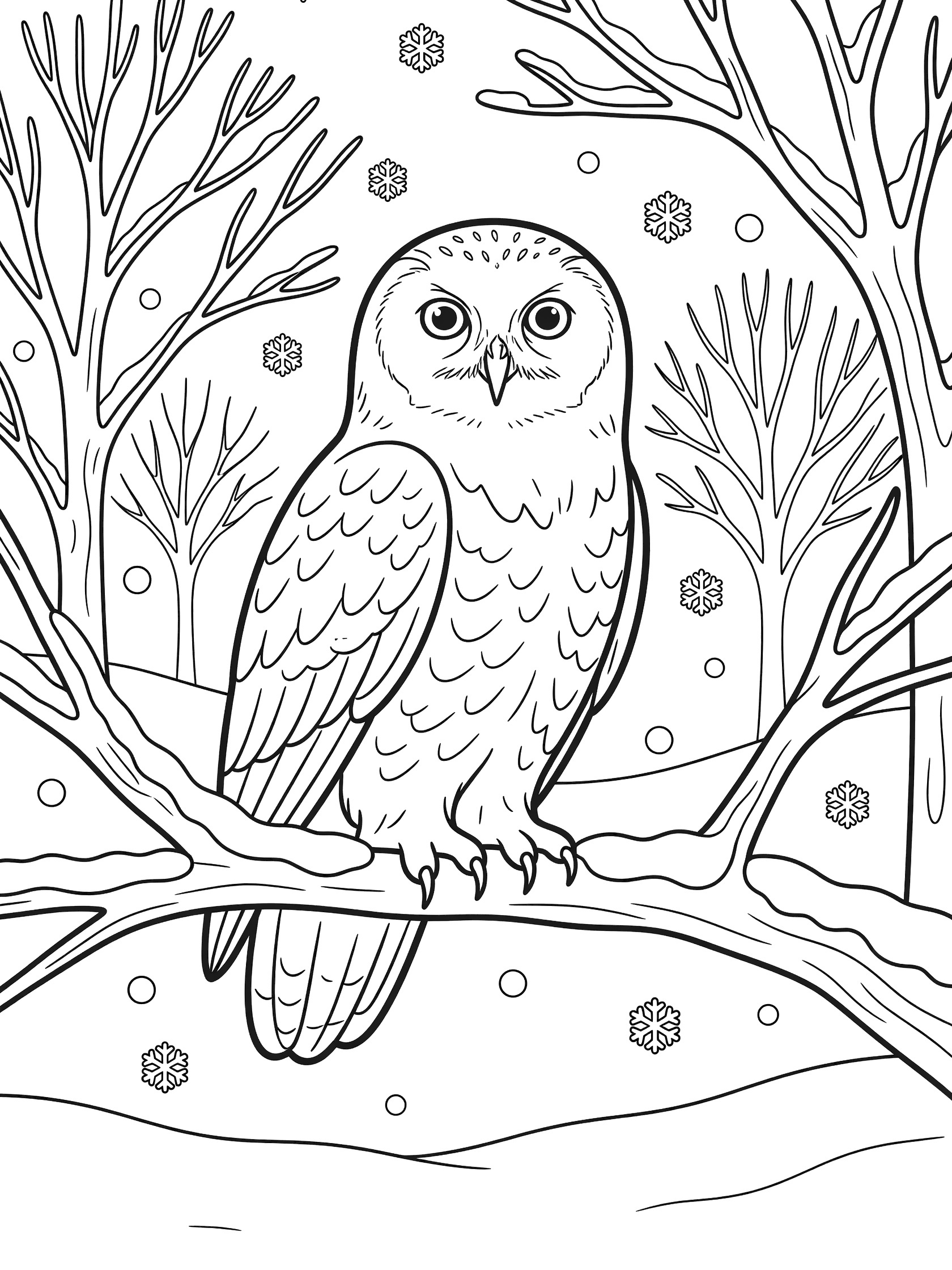 Black and white line art coloring page showing a snowy owl perched on a snow-covered branch surrounded by snowflakes and bare winter trees.