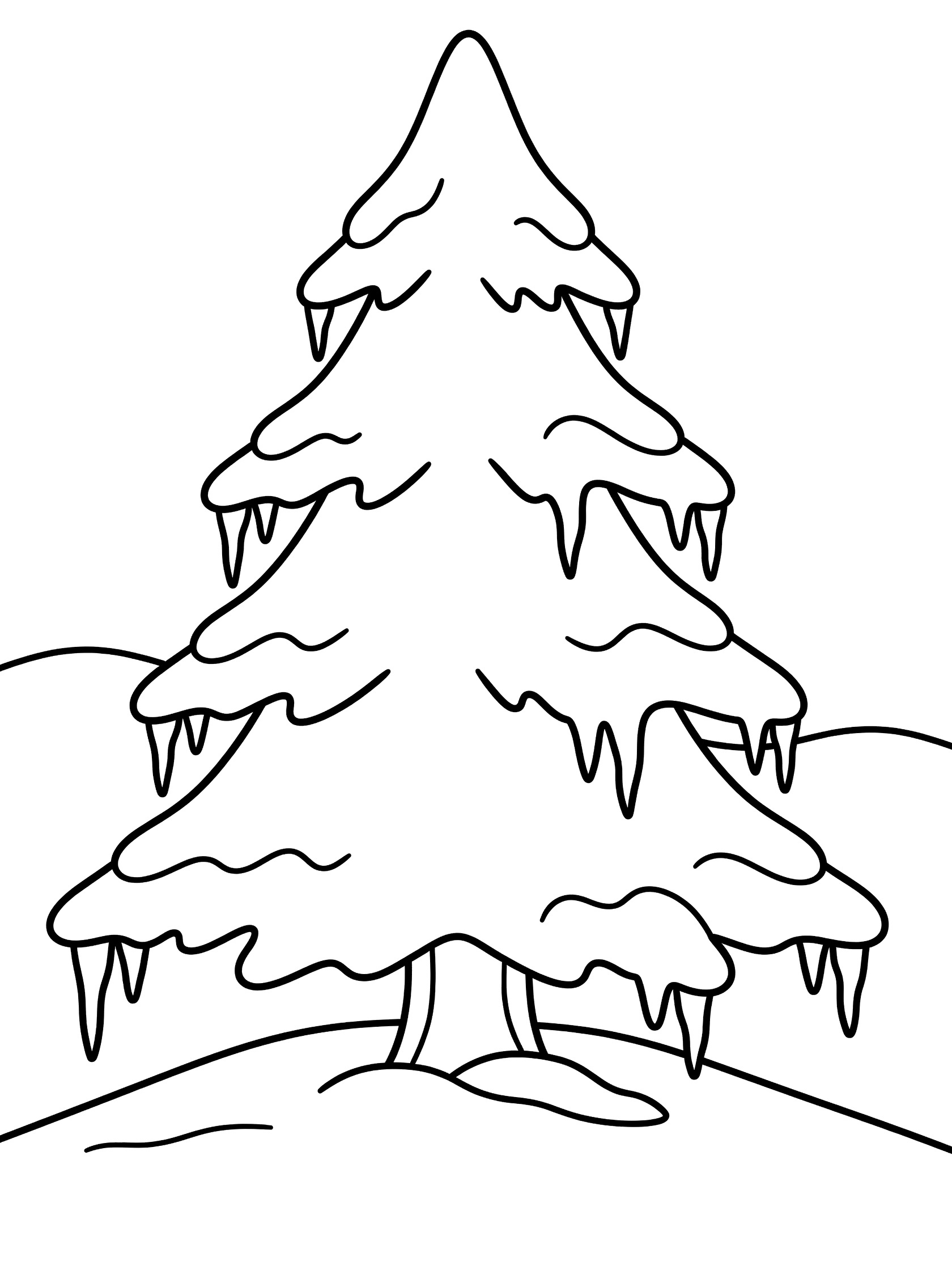 Black and white coloring page of a tall pine tree covered in snow with icicles on branches and a snowy hill below. Fir Tree themed black and white printable line art