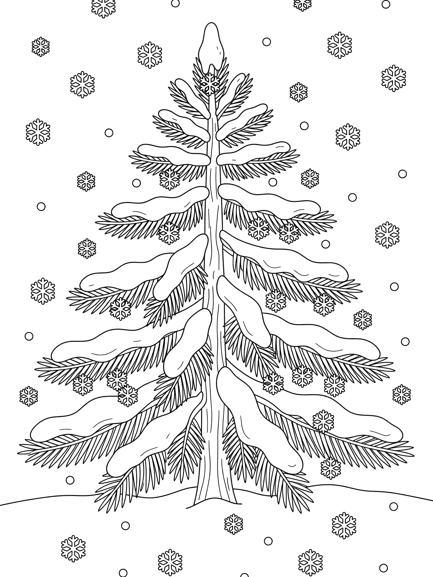 Black and white line art coloring page showing a tall pine tree covered in snow on its branches, with snowflakes falling around and a snowy ground. Cedar Tree themed black and white printable line art