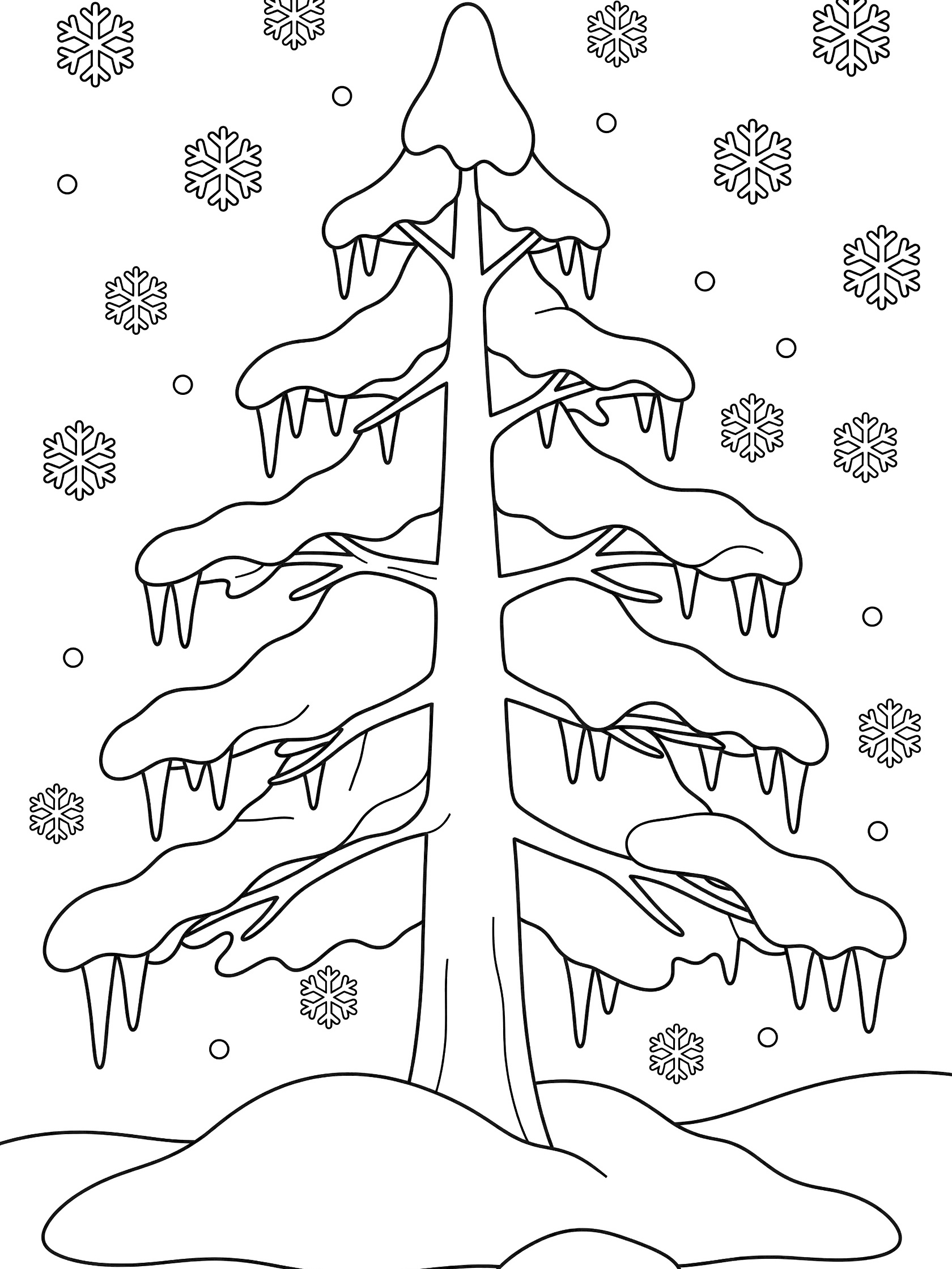 Black and white line art of a pine tree covered in snow with icicles on branches, snow at the base, and scattered snowflakes.