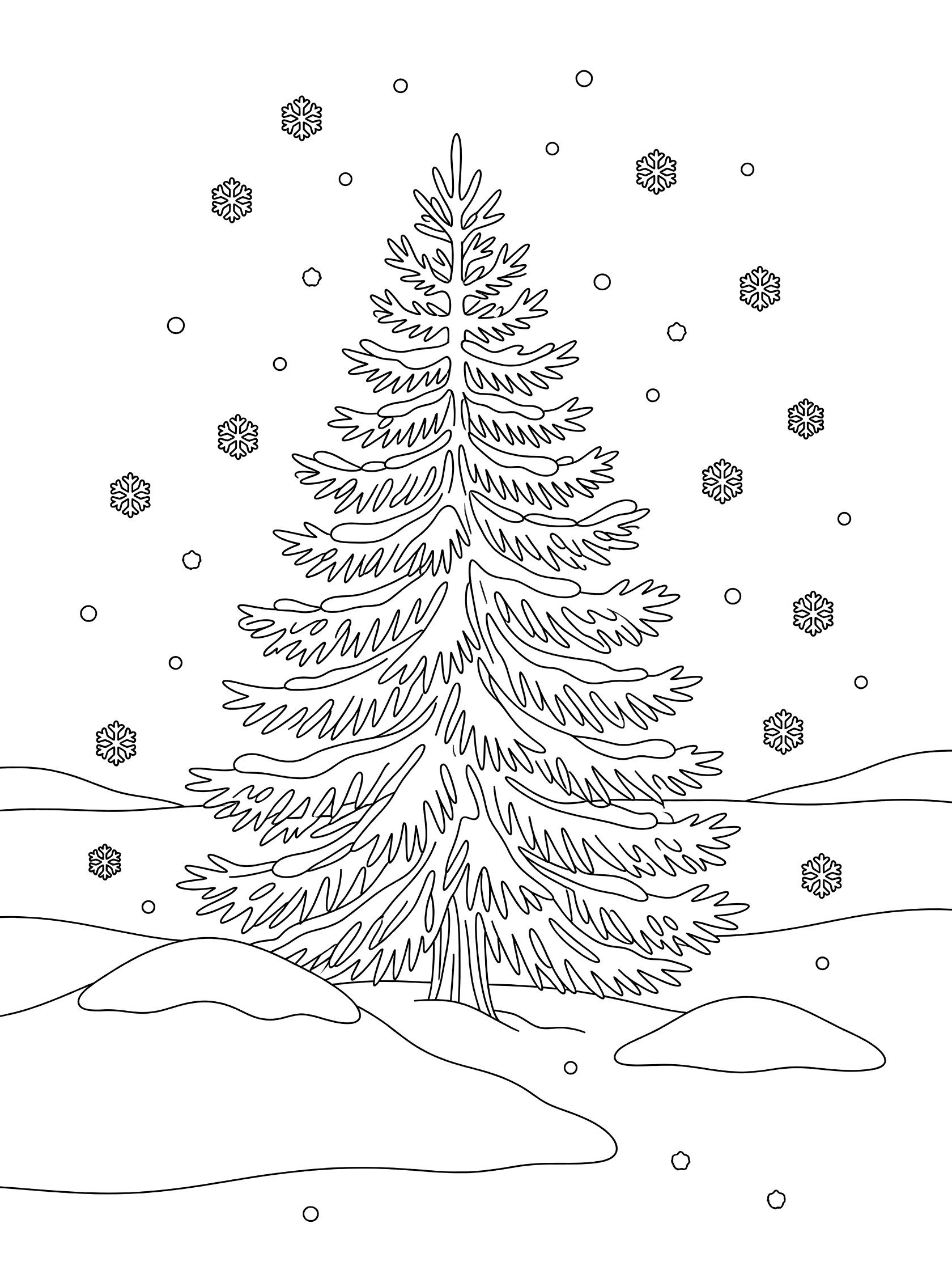 Black and white line art of a pine tree covered in snow, with snowflakes falling and drifts at the base, coloring book style. Spruce Tree themed black and white printable line art
