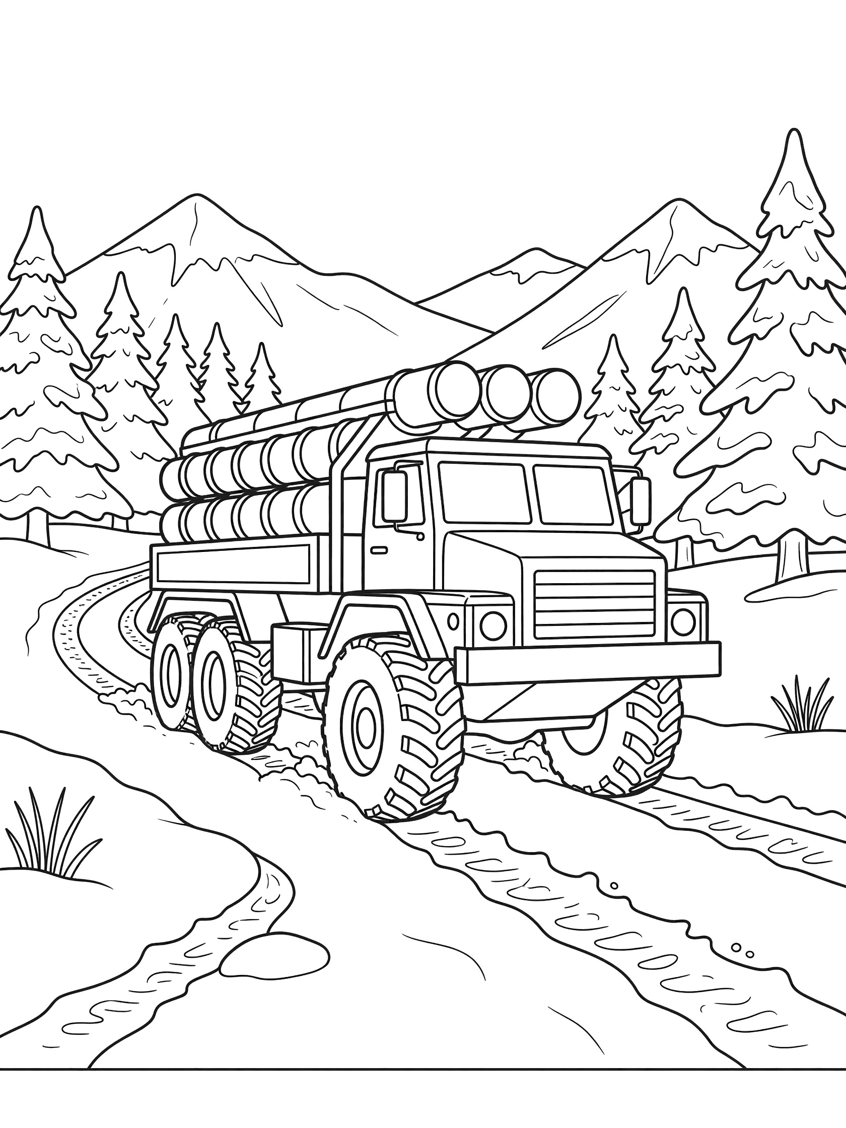 Black and white coloring page showing a missile launcher truck with large cylindrical tubes on a snowy trail, surrounded by pine trees and distant mountains.