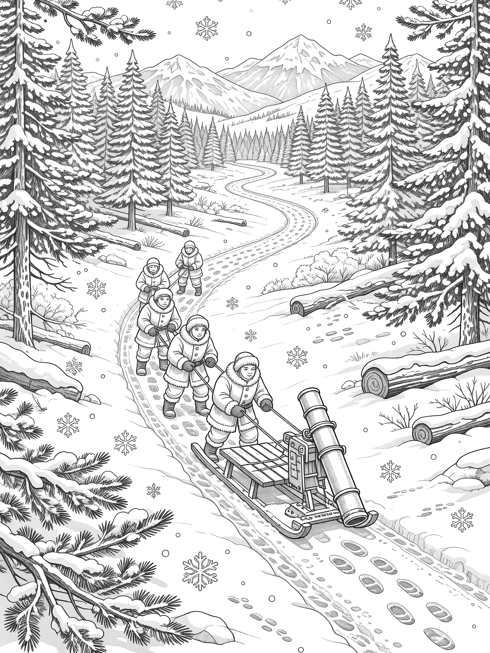 Black and white line art of a mortar mounted on a sled pulled by bundled soldiers on a snowy trail in a forest with snowflakes, trees, boot prints, and mountains.