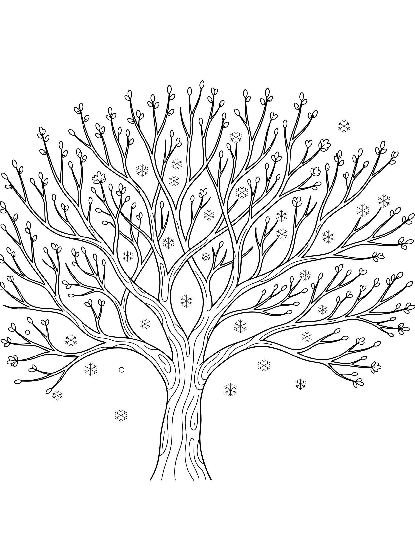 Black and white line art of a leafless tree with curved branches, small buds on tips, and scattered snowflakes around the trunk. Cherry Tree themed black and white printable line art