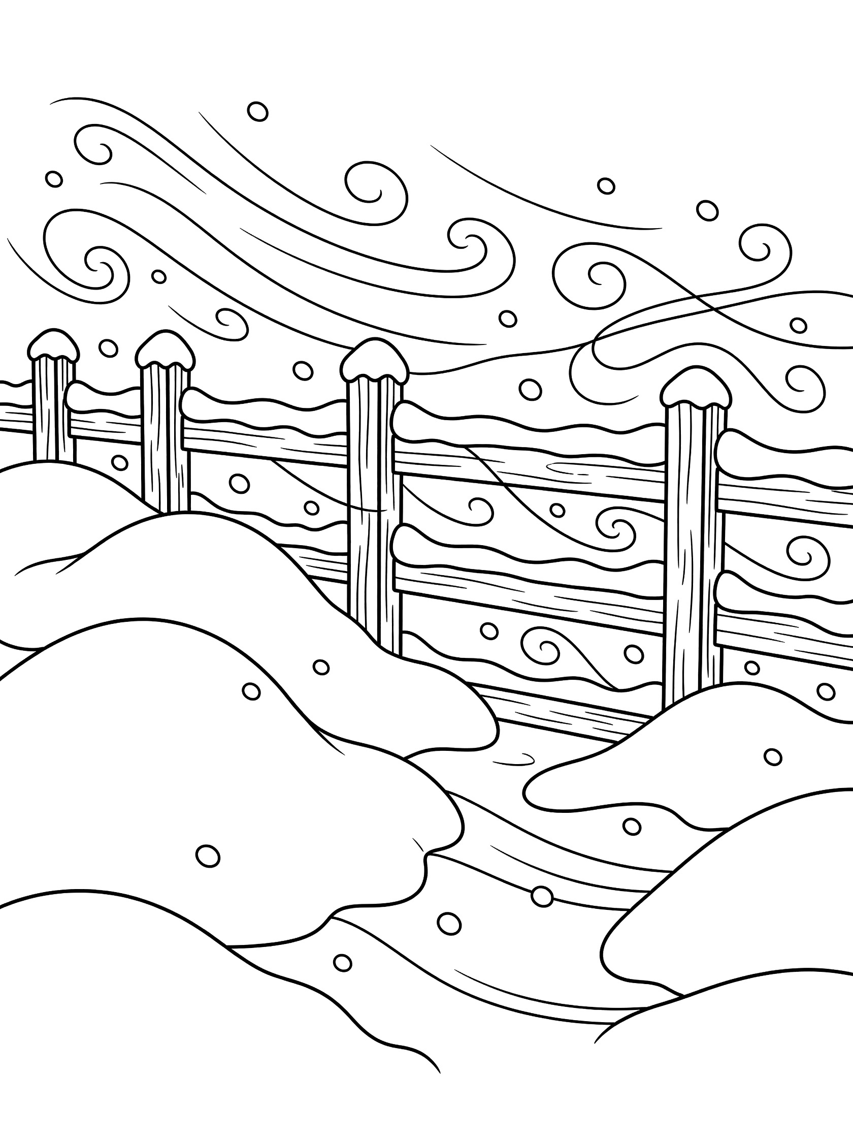 Black and white line art coloring page showing a simple wooden fence with posts half covered by large snow drifts and swirling snowflakes blowing around it. Blizzard themed black and white printable line art