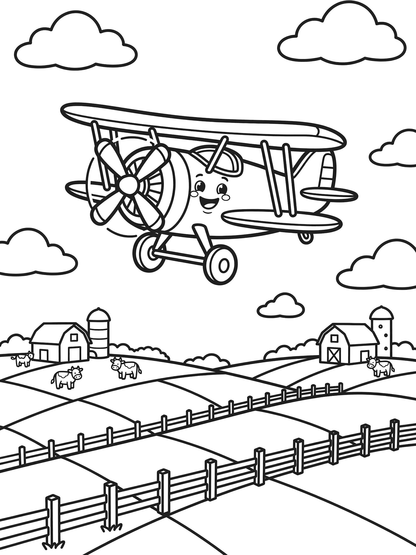 Black and white coloring page of a cute biplane with rounded wings and spinning propeller flying over patchwork farm fields with barns, silo, cows, and clouds