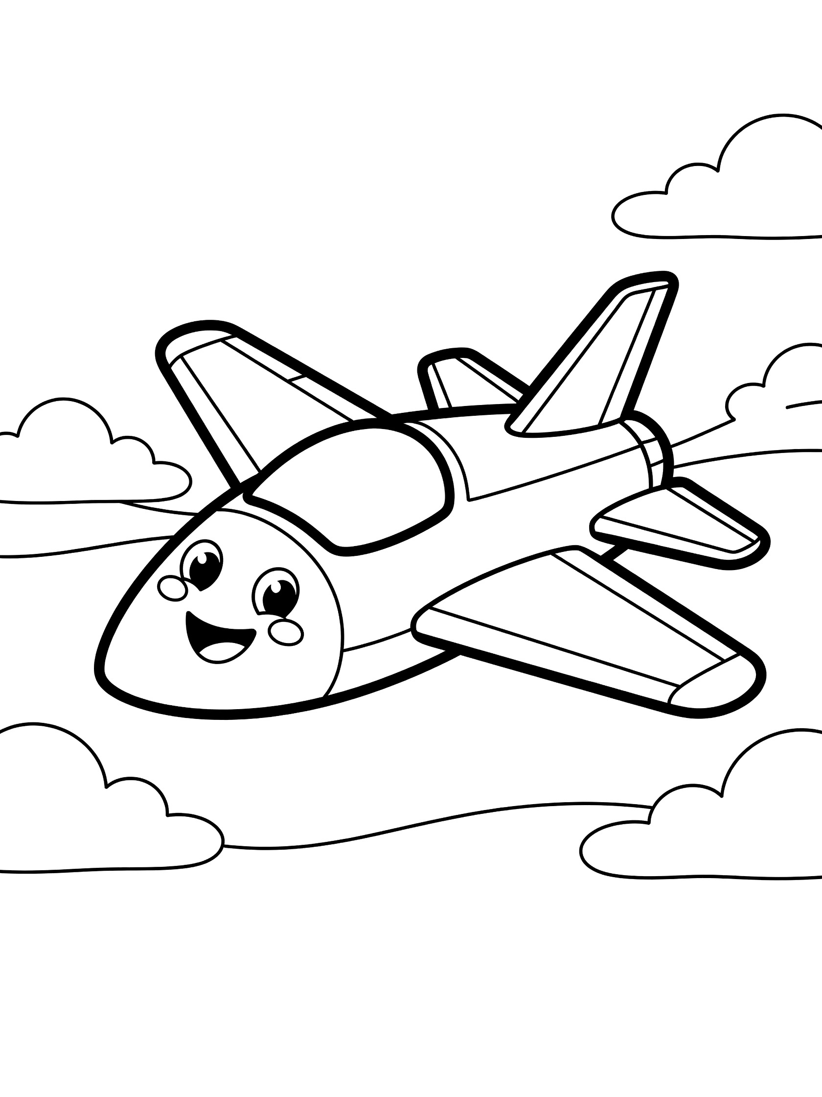 Cute cartoon fighter jet coloring page with happy face, tilted wings soaring dynamically, fluffy clouds, and wavy horizon hills in simple line art.
