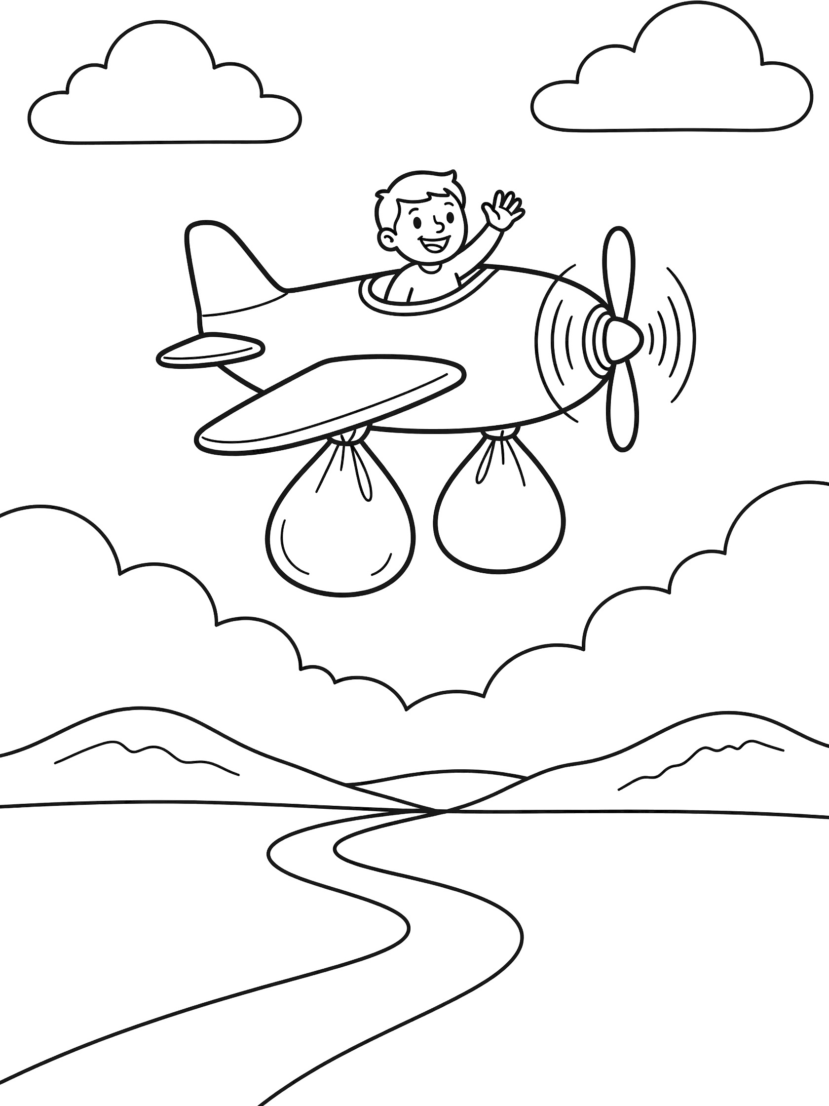 Cute cartoon mail plane coloring page with propeller plane flying high, happy pilot waving from open cockpit, red mail bags hanging below, clouds above, and hills with road underneath
