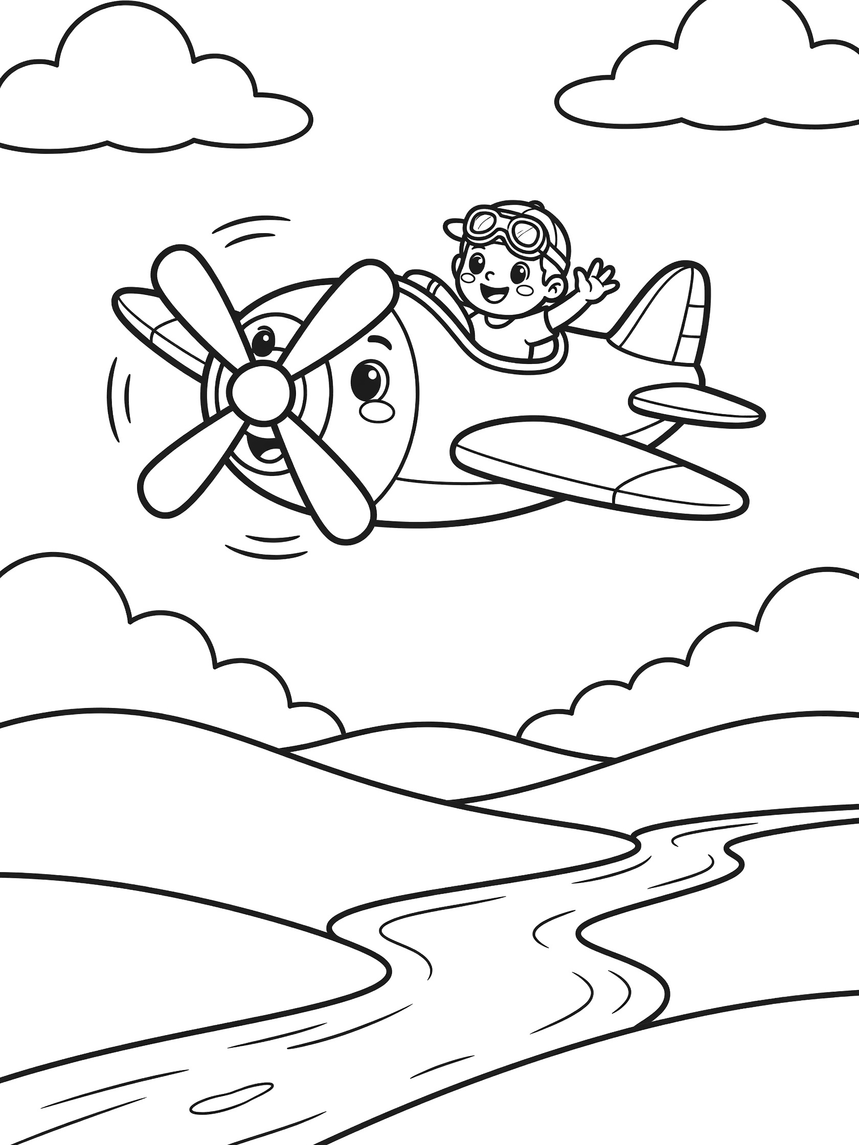Cute cartoon propeller plane coloring page with big eyes, smiling face, whirring propeller, outstretched wings, cheerful pilot in goggles waving from cockpit, surrounded by clouds, rolling hills, and sparkling river.