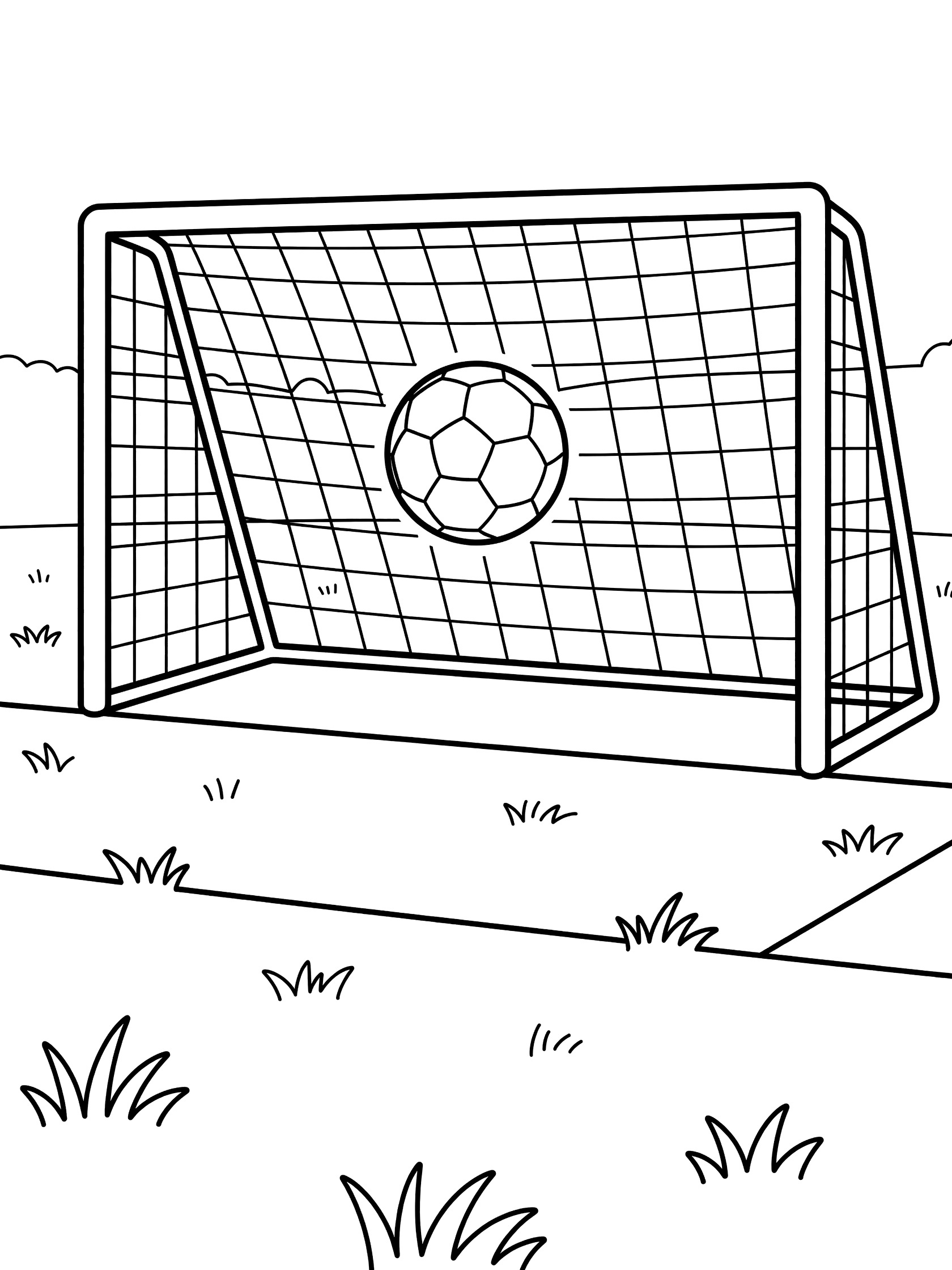 Black and white line art of a soccer ball soaring into a bulging goal net with goalposts and grass on a soccer field