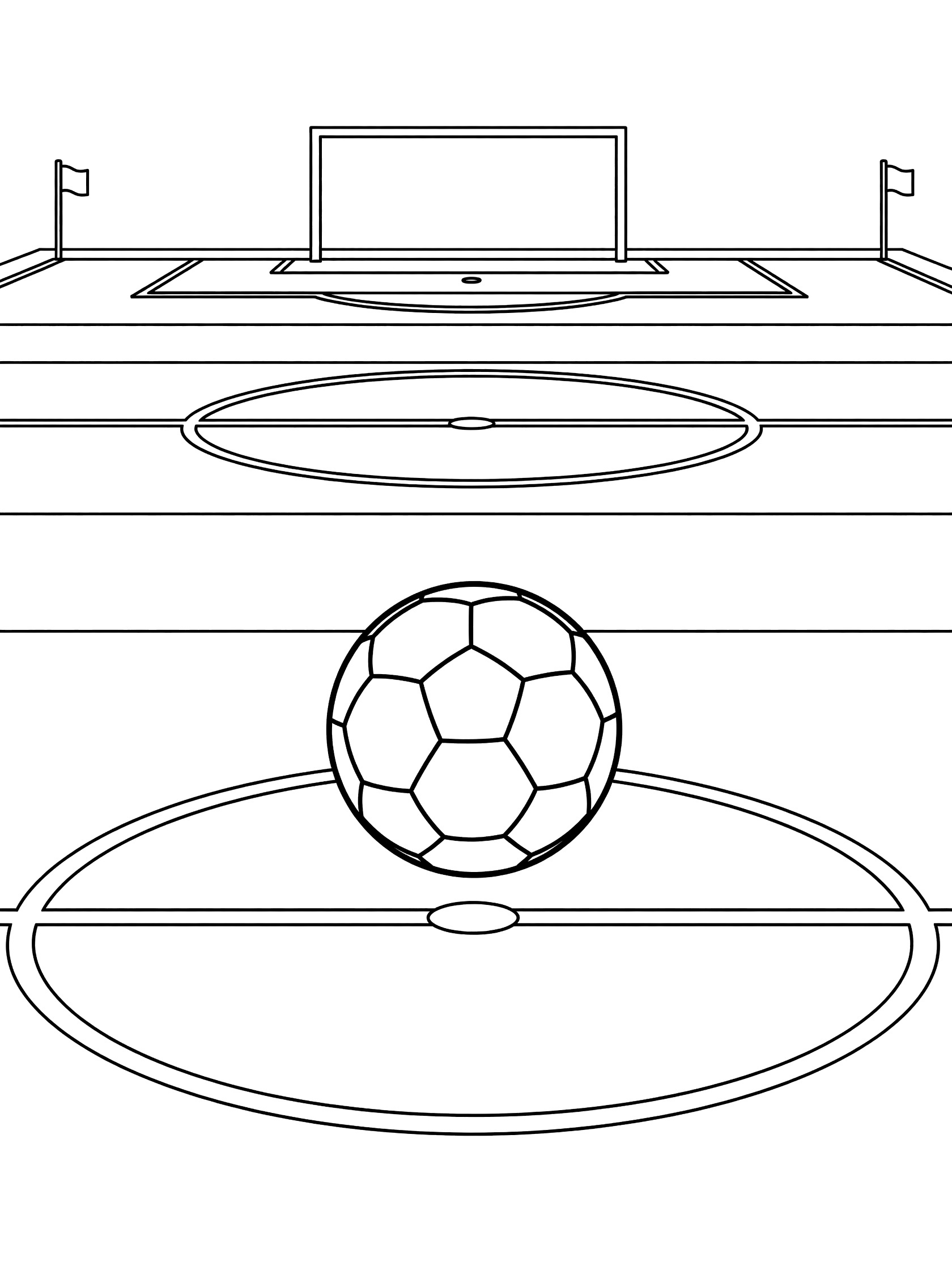 Black and white line art of a soccer ball rolling towards the white penalty spot on a professional soccer field with distant goal, corner flags, center circle, and yard lines