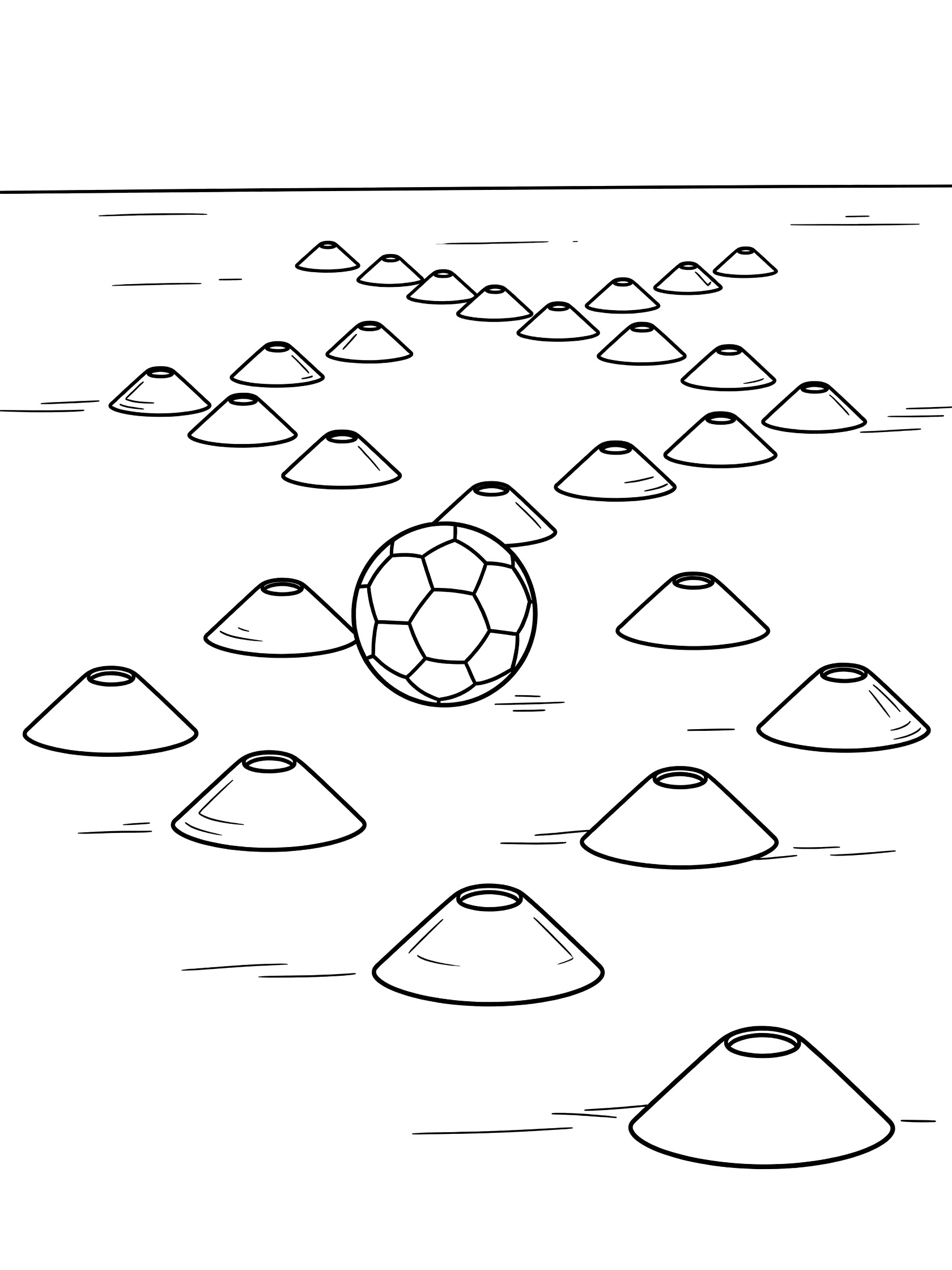 Black and white line art coloring page showing a soccer ball maneuvering through a zigzag line of training cones on a flat field