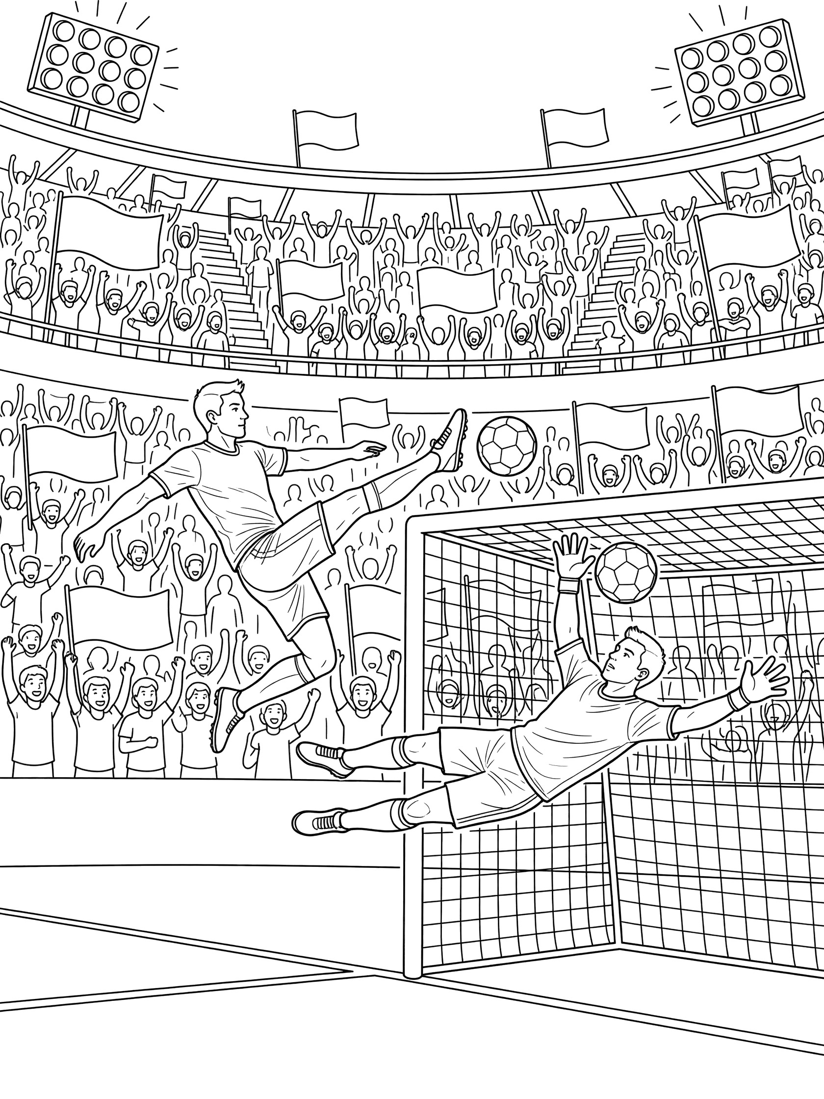 Black and white coloring page of a soccer player doing a bicycle kick to score a goal past a diving goalie in a full stadium with fans waving flags and stadium lights.