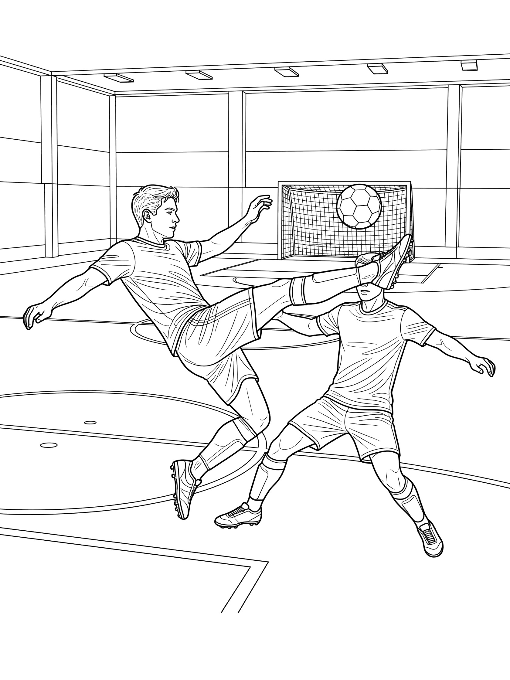 Black and white coloring page showing a soccer bicycle kick mid-air in an indoor arena with defender, goal, and ball.