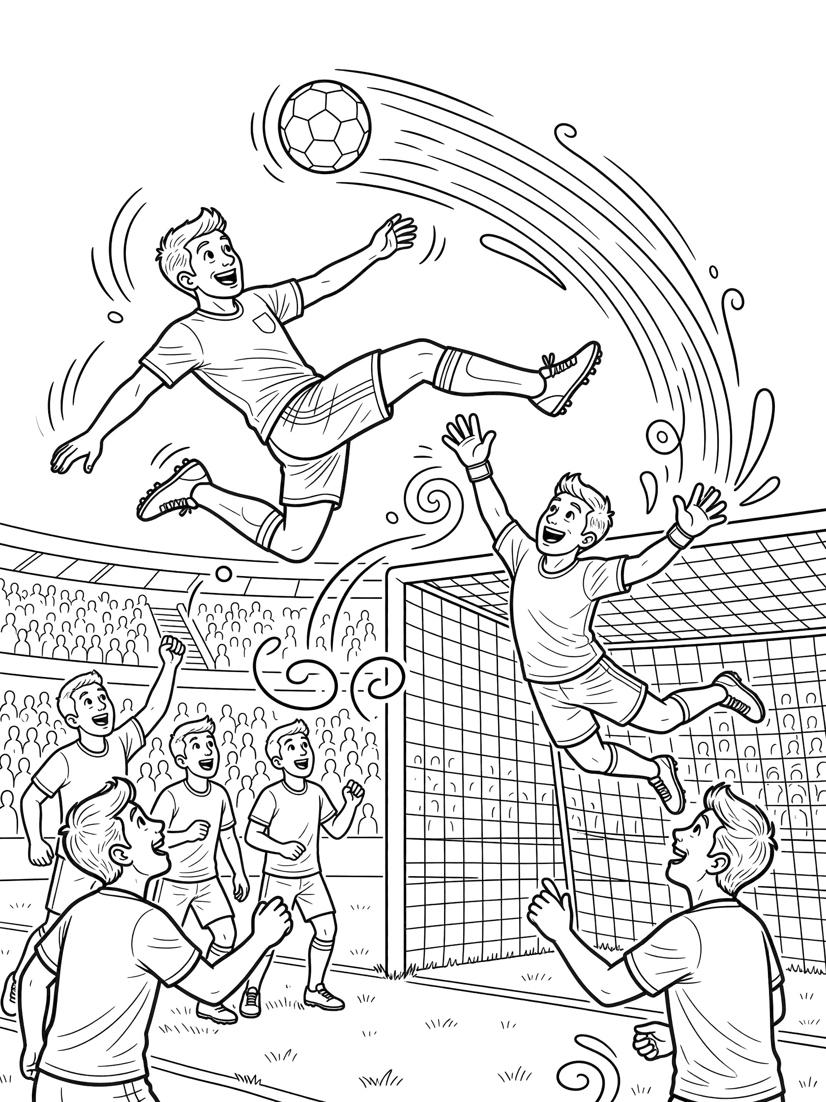 Soccer player in mid-air bicycle kick scoring goal, ball looping into net past goalie, teammates cheering, stadium background line art coloring page