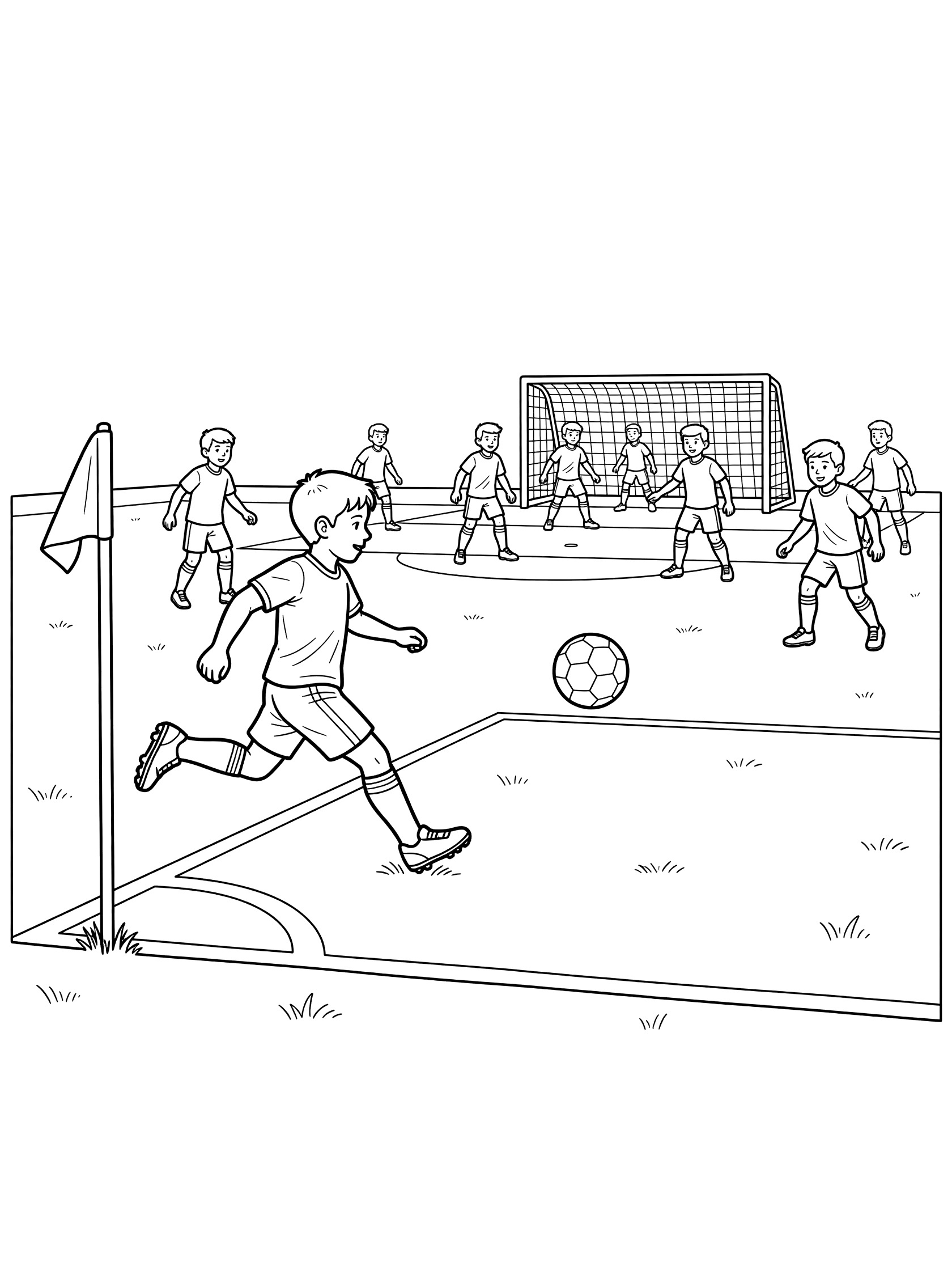 Black and white line art coloring page showing a soccer player kicking the ball from the corner flag toward the goal, with teammates marked by defenders on a grassy field.