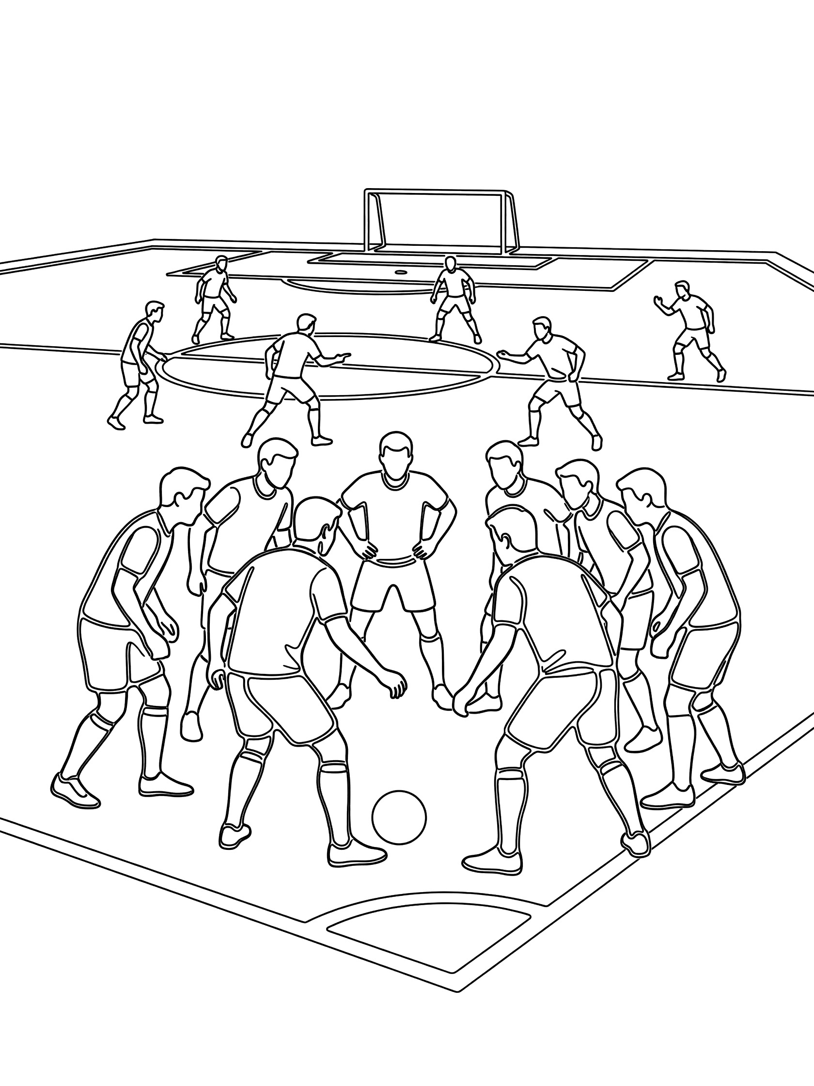Black and white line art of soccer players in corner kick formation, one with ball at corner, others positioning near goalposts and penalty box.