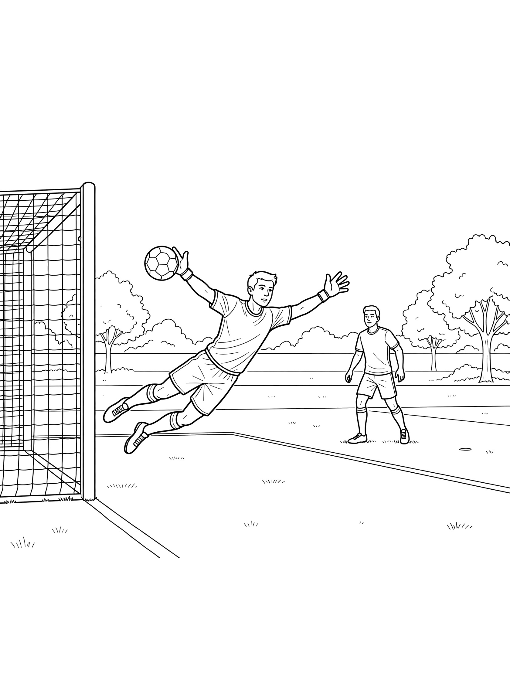 Line art coloring page showing soccer goalie diving dramatically with arms outstretched to save a penalty kick in a shoot-out, soccer ball flying toward the goal net, shooter standing nearby on a park field.