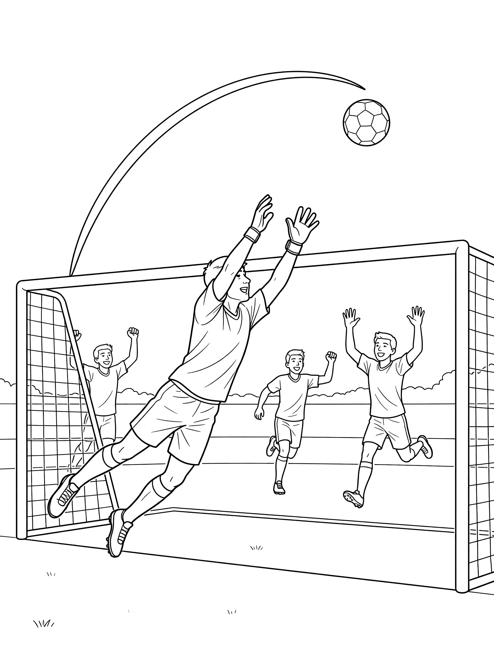 Black and white line art of a soccer goalie diving full length to save a curving soccer ball with his fingertips over the crossbar, with running teammates