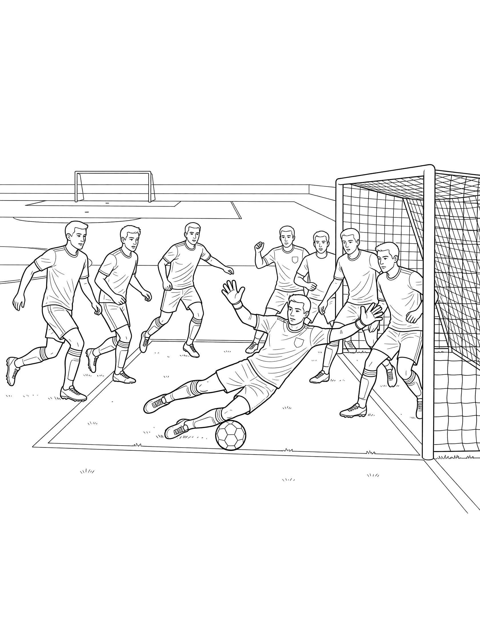 Black and white line art coloring page showing a goalkeeper diving to save a corner kick in soccer, with players rushing the goalmouth on a field.