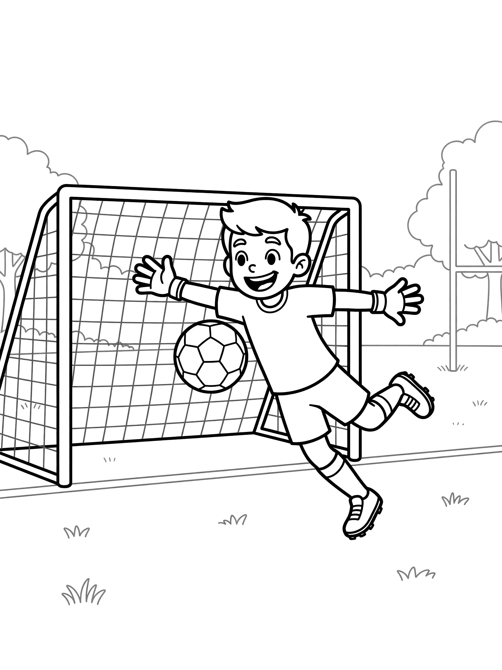Black and white line art of a smiling young soccer goalkeeper saving a shot by blocking the soccer ball with his body near the goal net on a grassy park field.