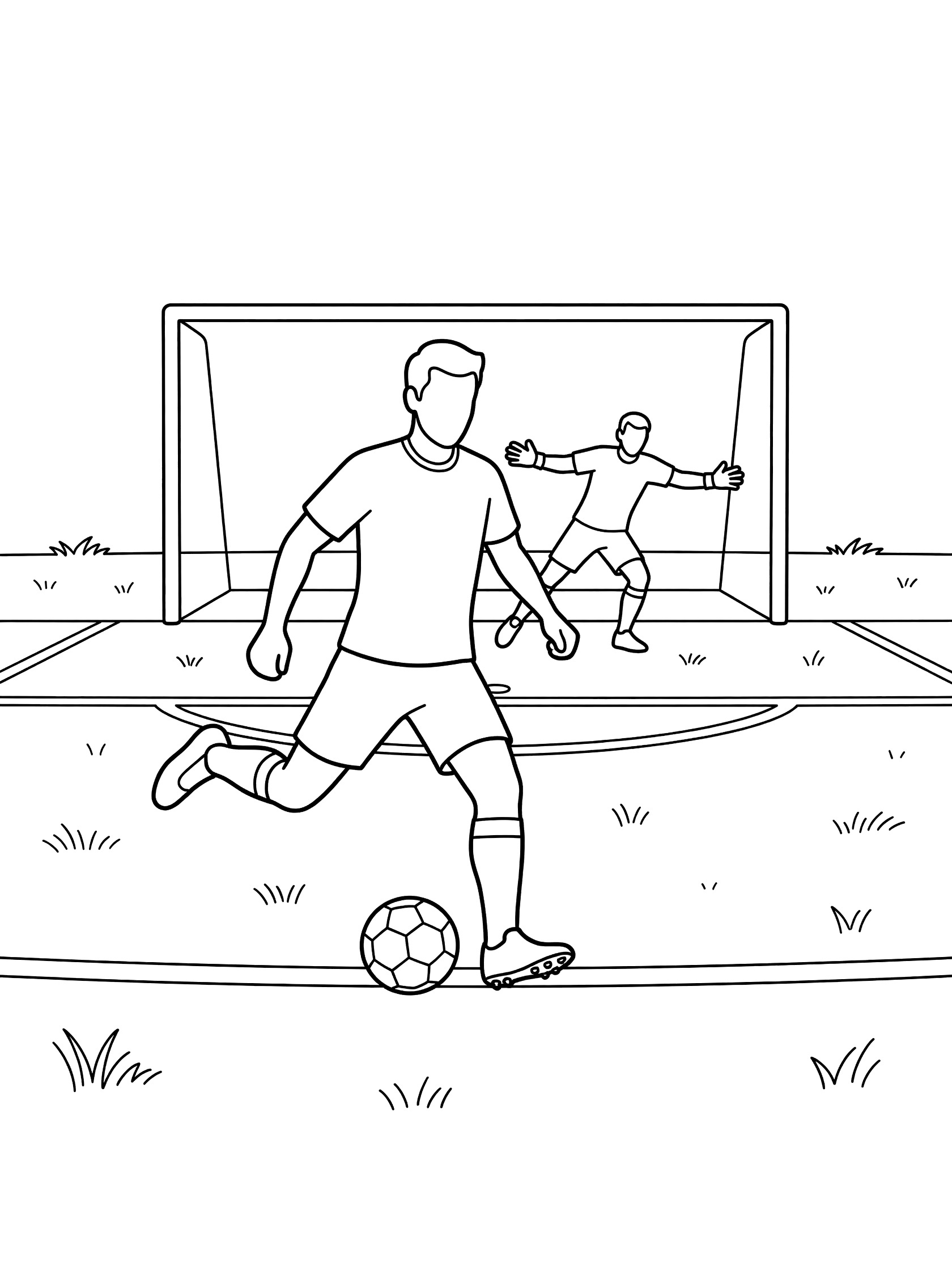 Line art coloring page showing a confident soccer player at the penalty spot with foot back to kick the ball, facing a leaning goalkeeper in the goal on a grassy field.